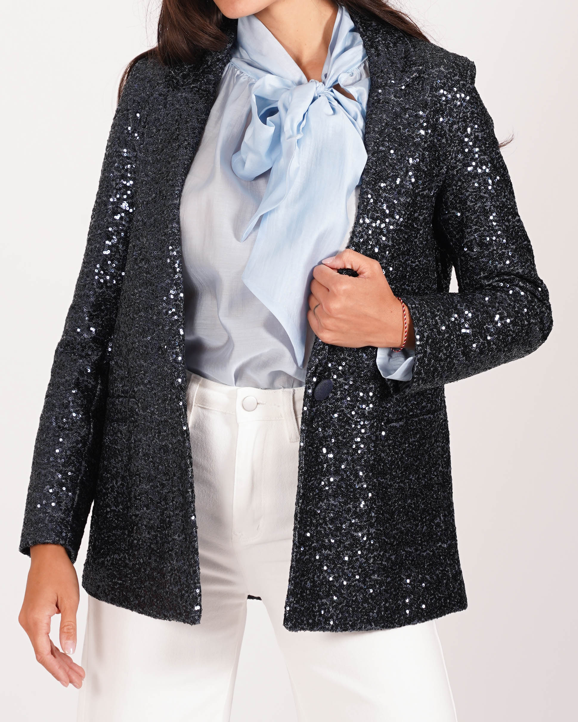Blazer monopetto in denim e micro paillettes - Serafina