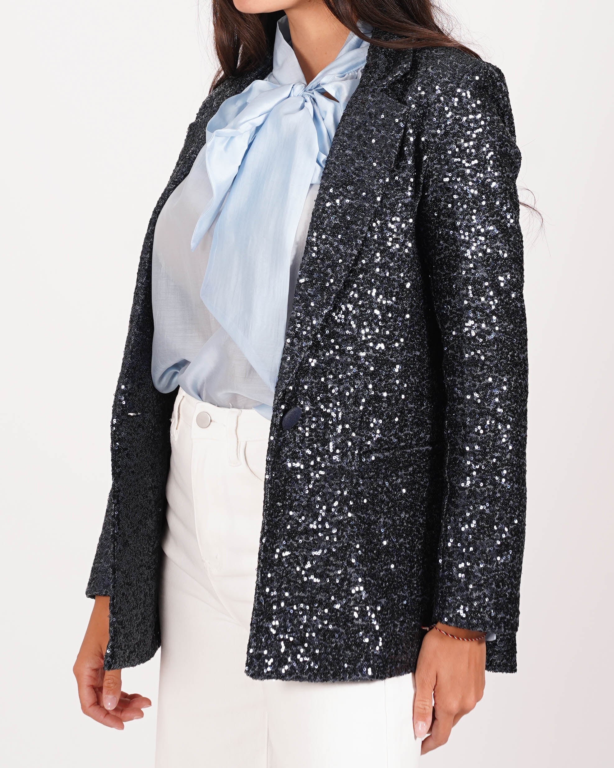 Blazer monopetto in denim e micro paillettes - Serafina