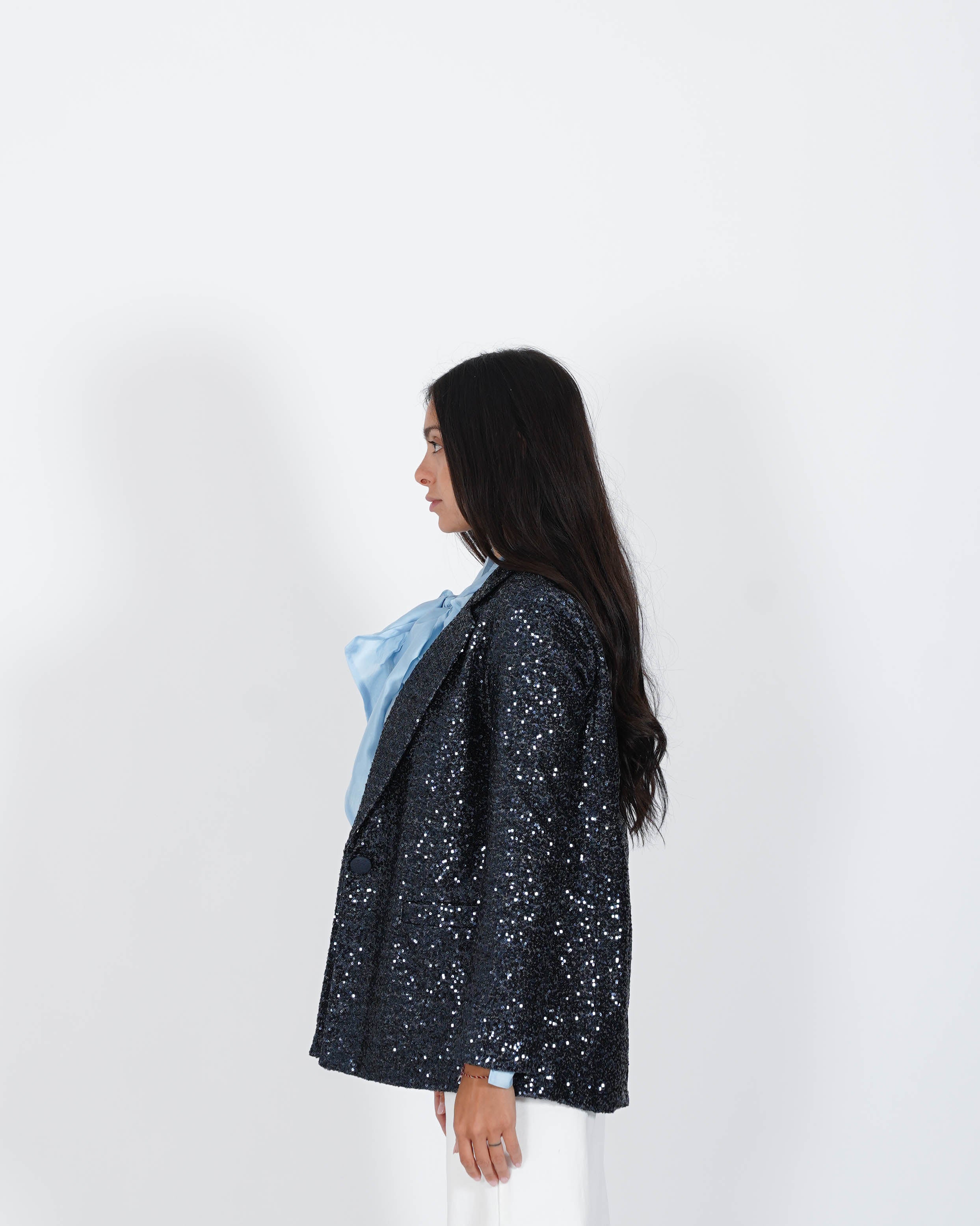 Blazer monopetto in denim e micro paillettes - Serafina