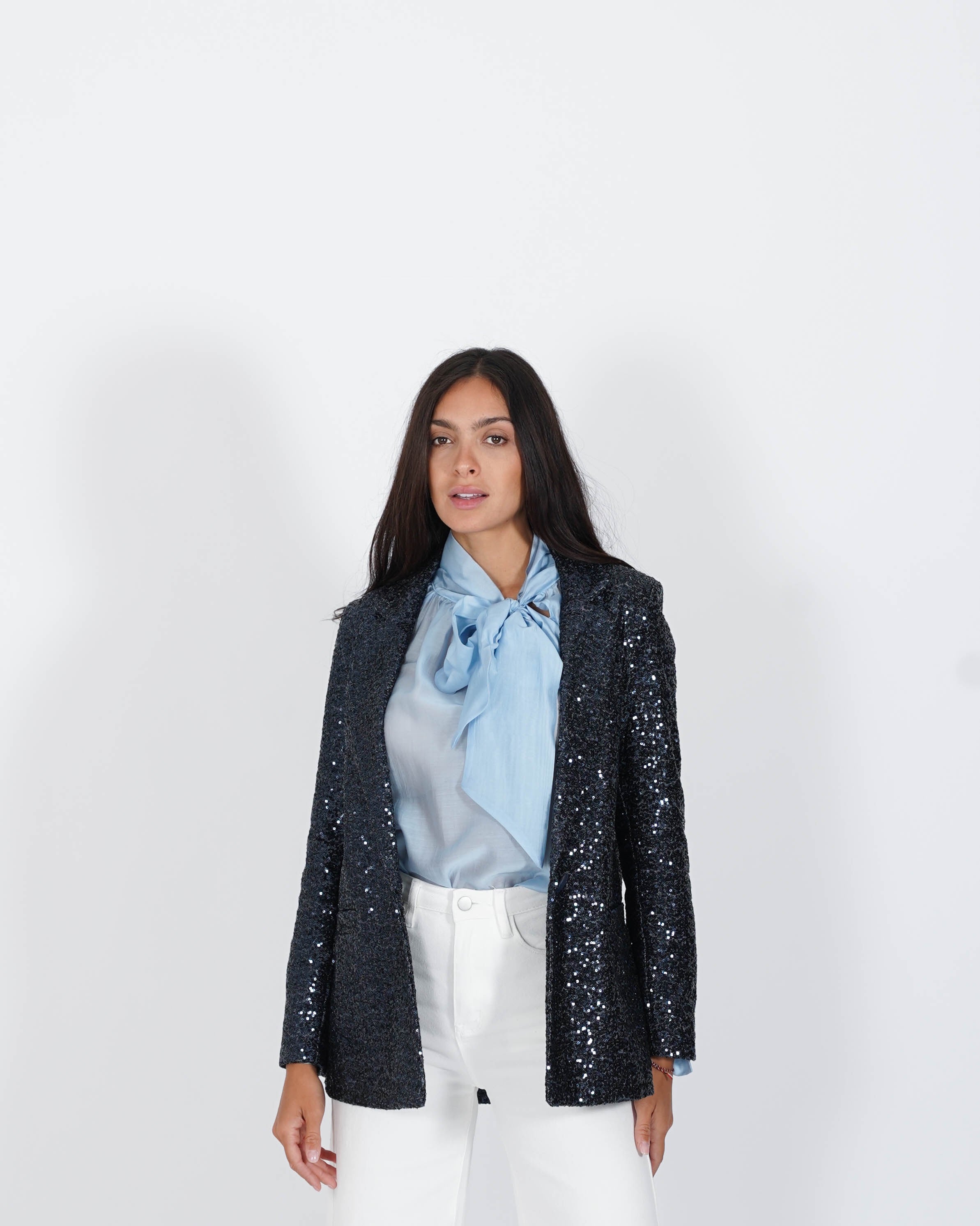Blazer monopetto in denim e micro paillettes - Serafina