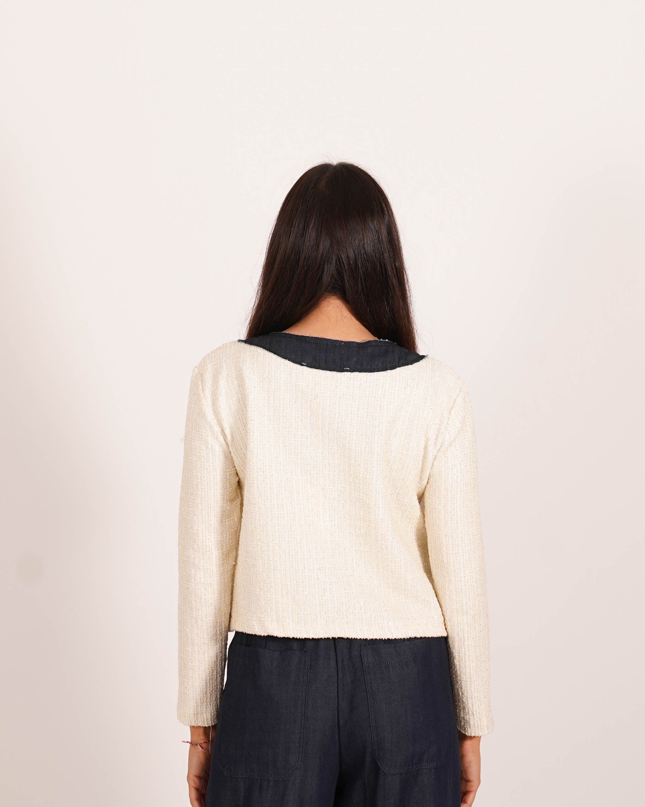 Giacca cropped con profilo in denim chambray e micropaillettes - Maddalena