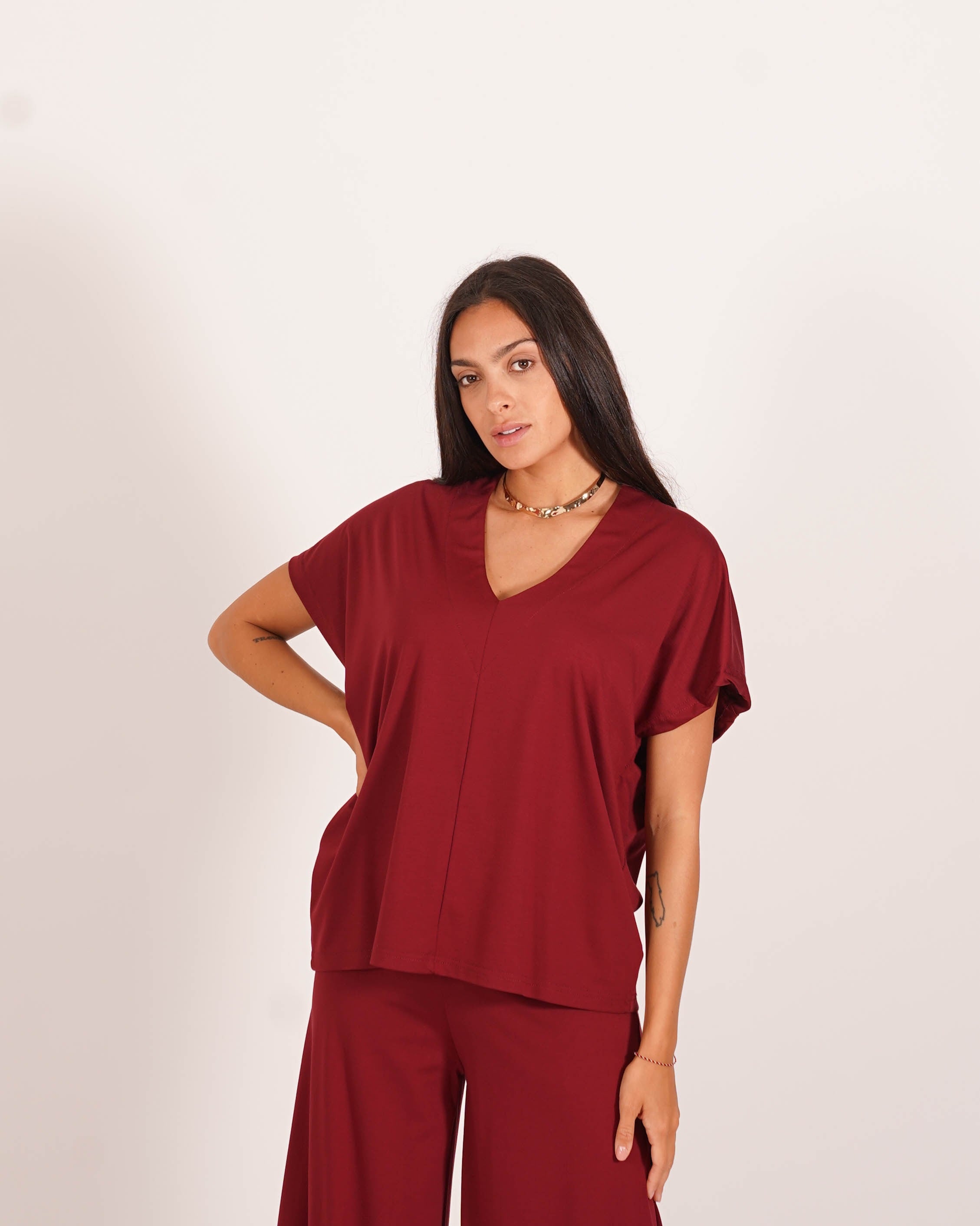 Blusa con scollo a v in punto stoffa - Elga