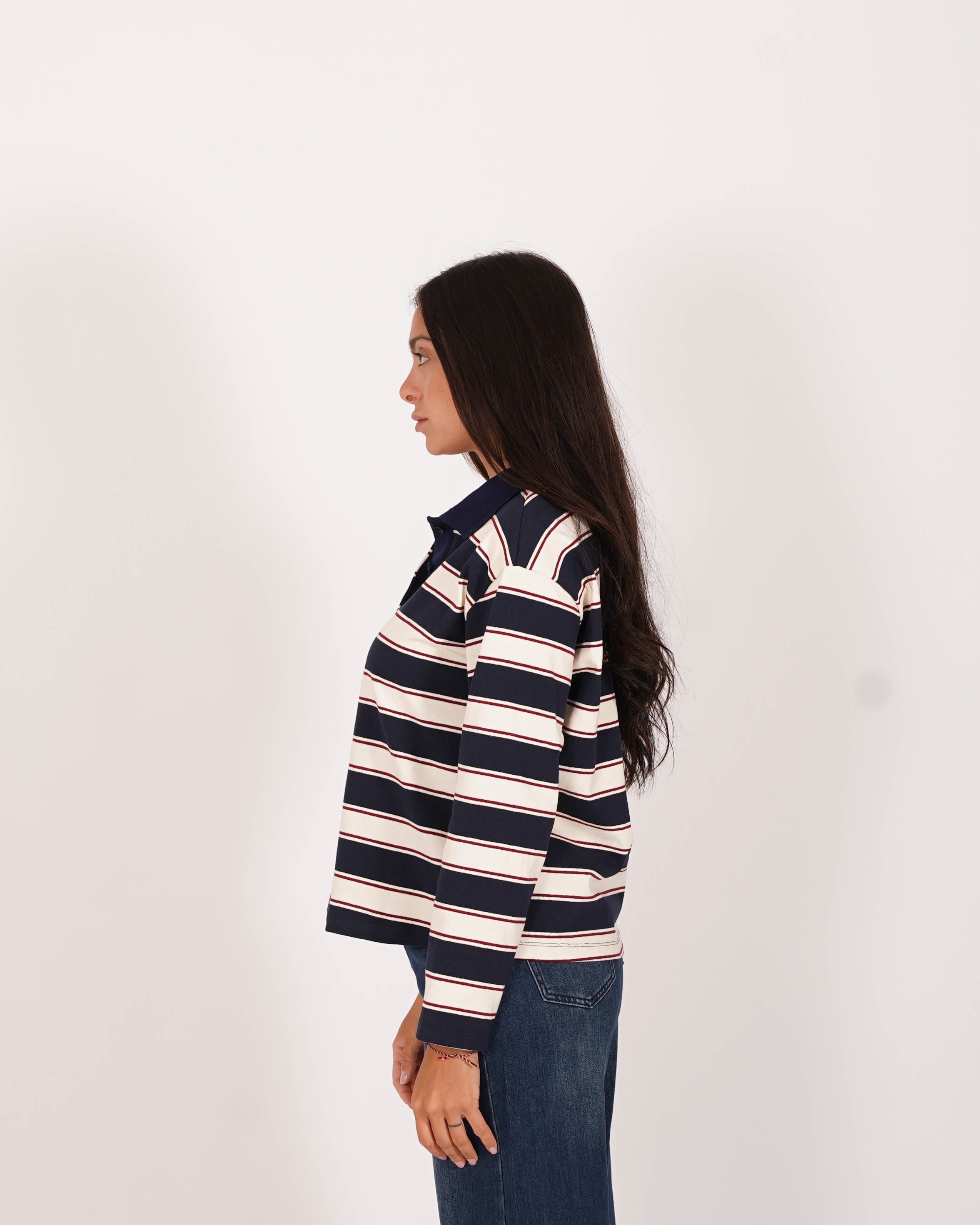 Polo rigata manica lunga con colletto in contrasto - Gaia