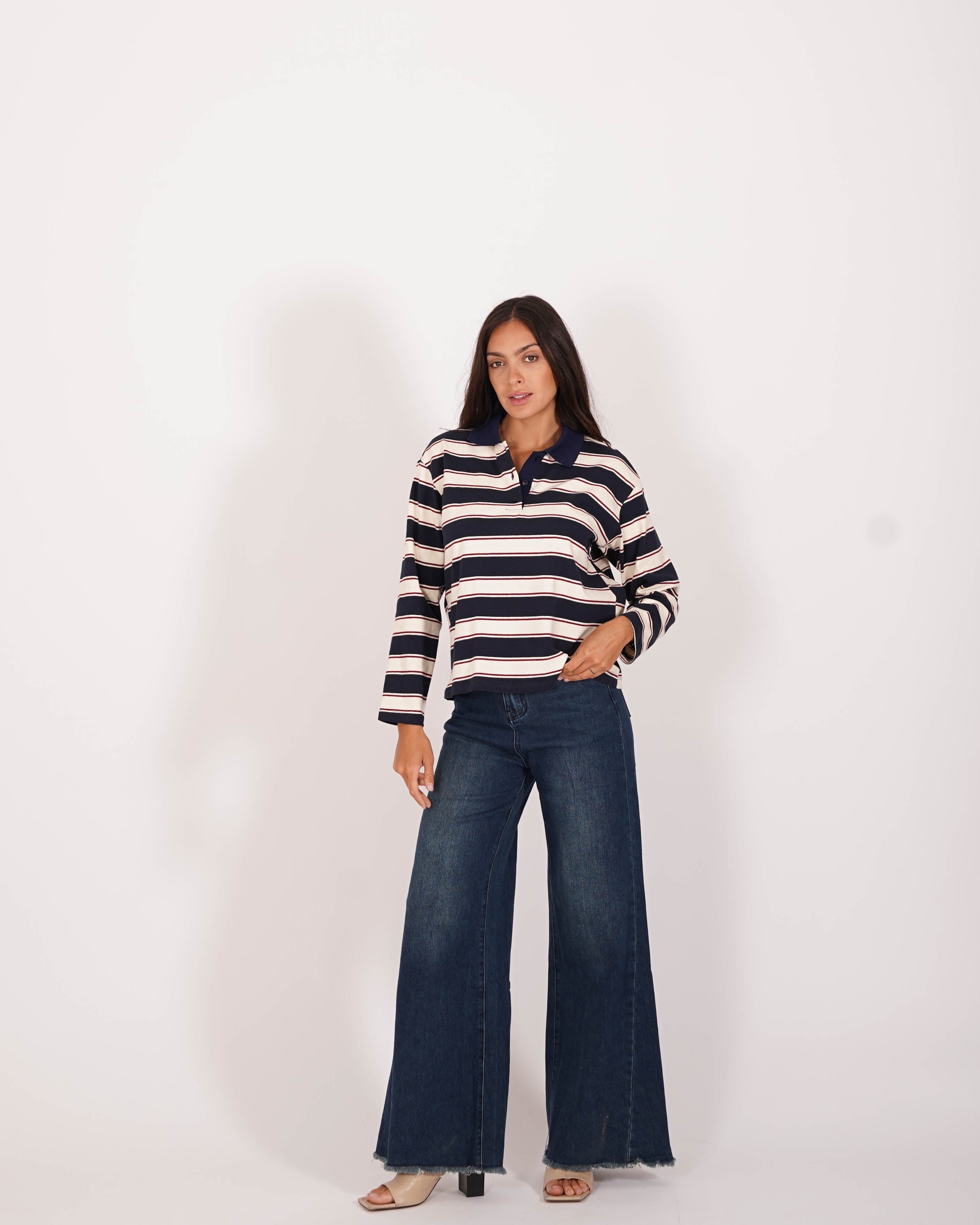 Polo rigata manica lunga con colletto in contrasto - Gaia