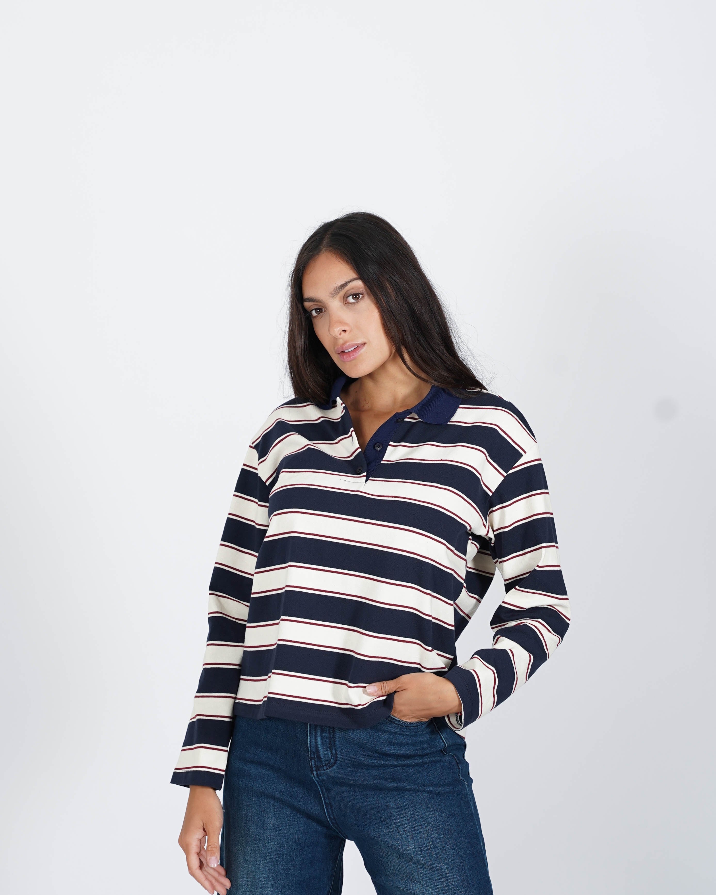 Polo rigata manica lunga con colletto in contrasto - Gaia