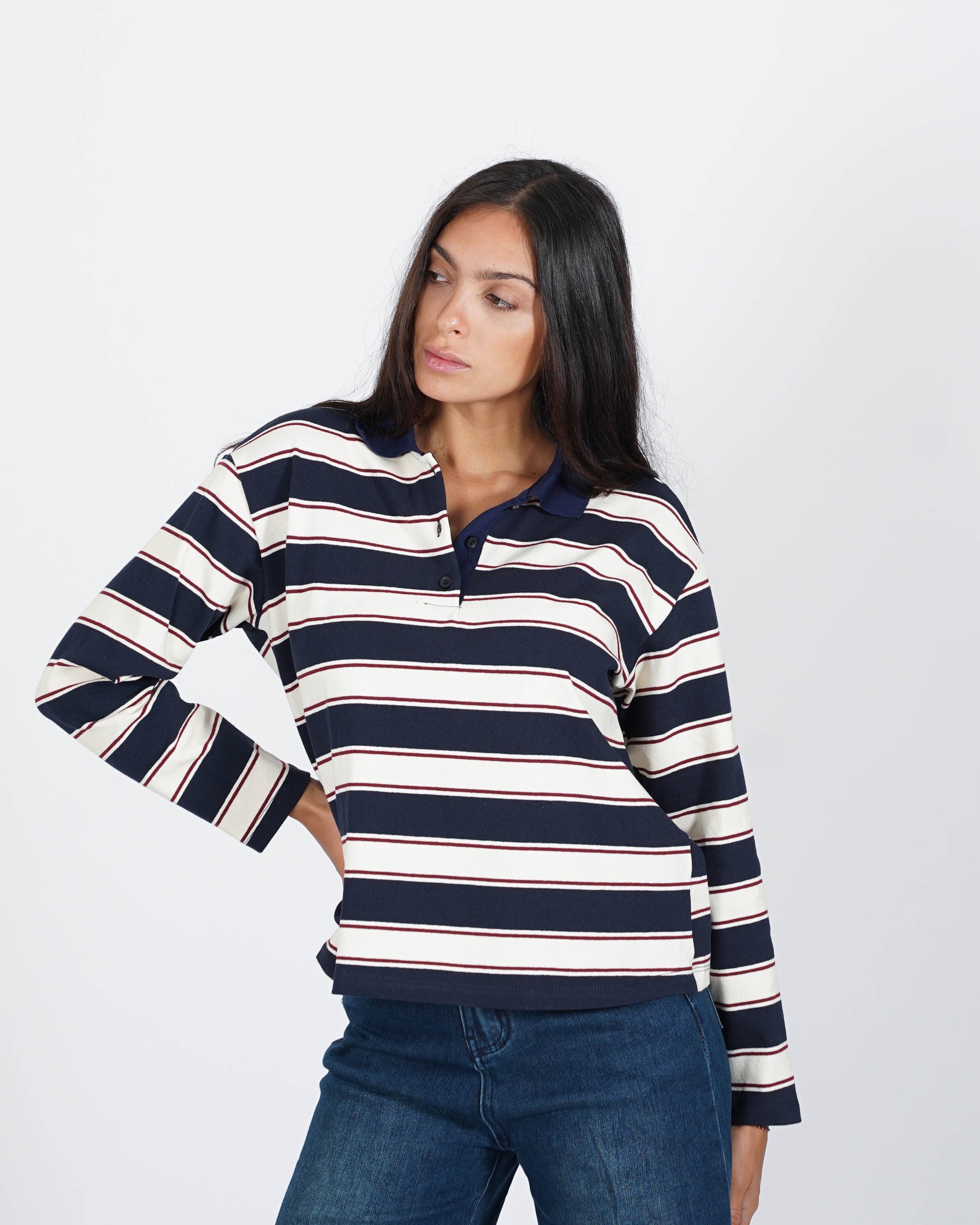 Polo rigata manica lunga con colletto in contrasto - Gaia