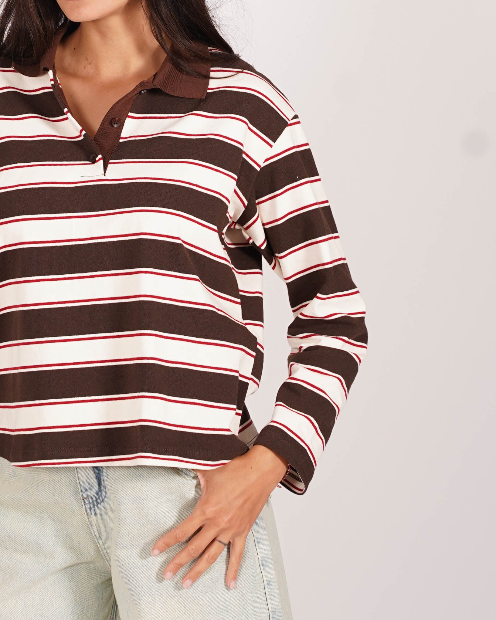 Polo rigata manica lunga con colletto in contrasto - Gaia