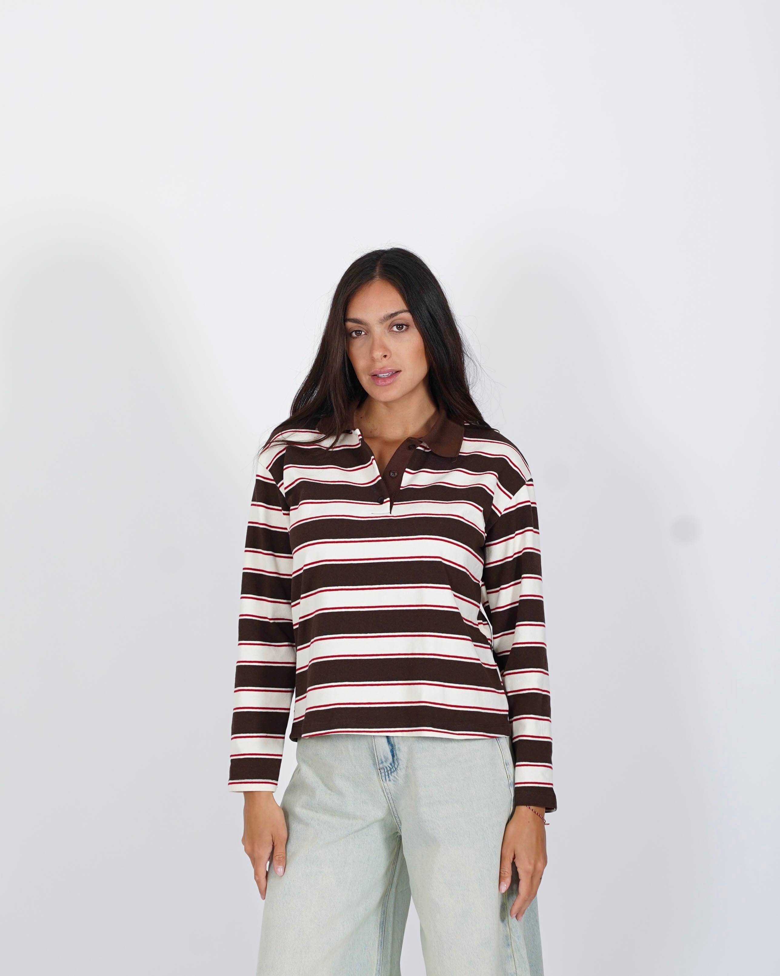Polo rigata manica lunga con colletto in contrasto - Gaia