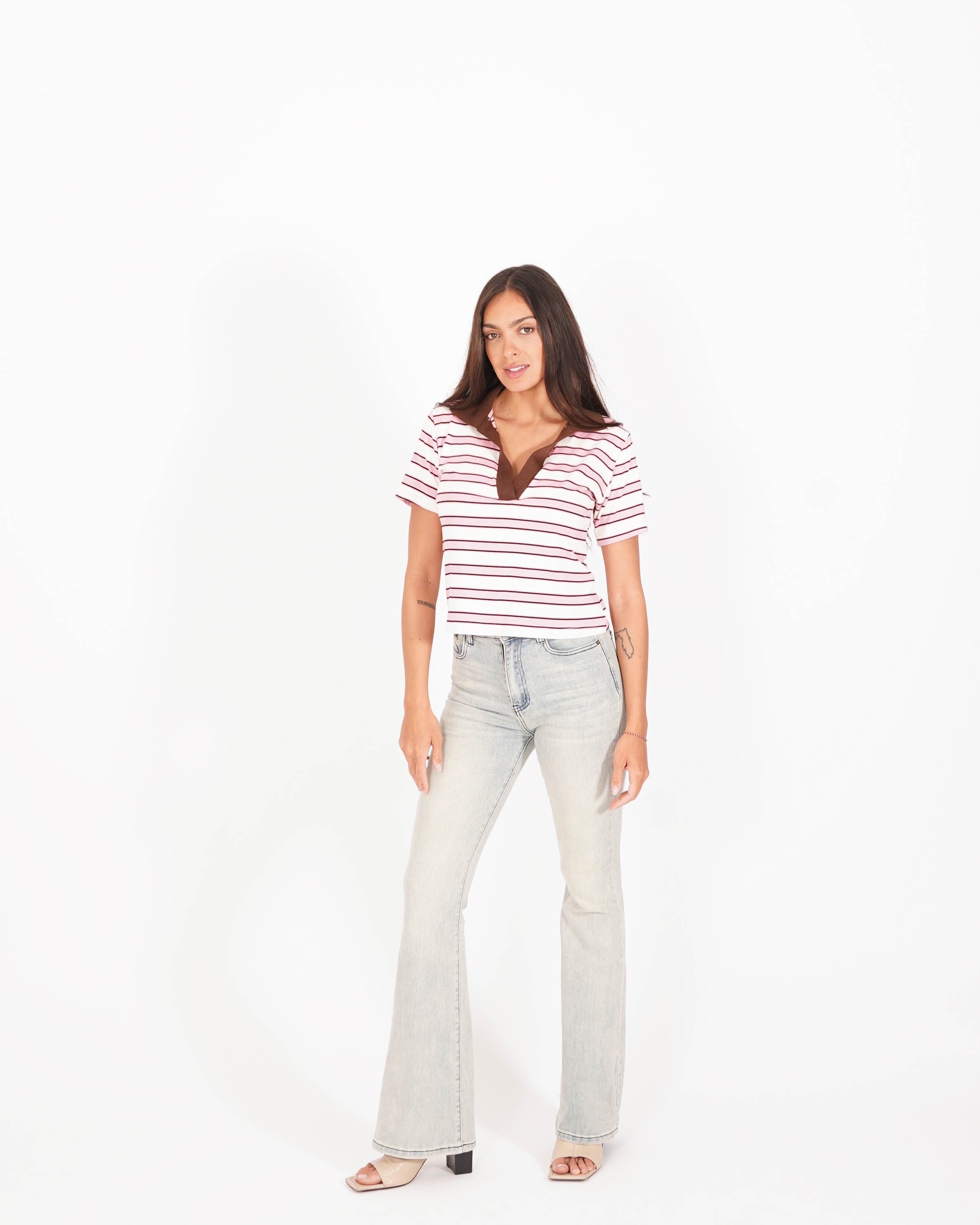 Polo rigata mezza manica slim fit con colletto in contrasto - Brunilde