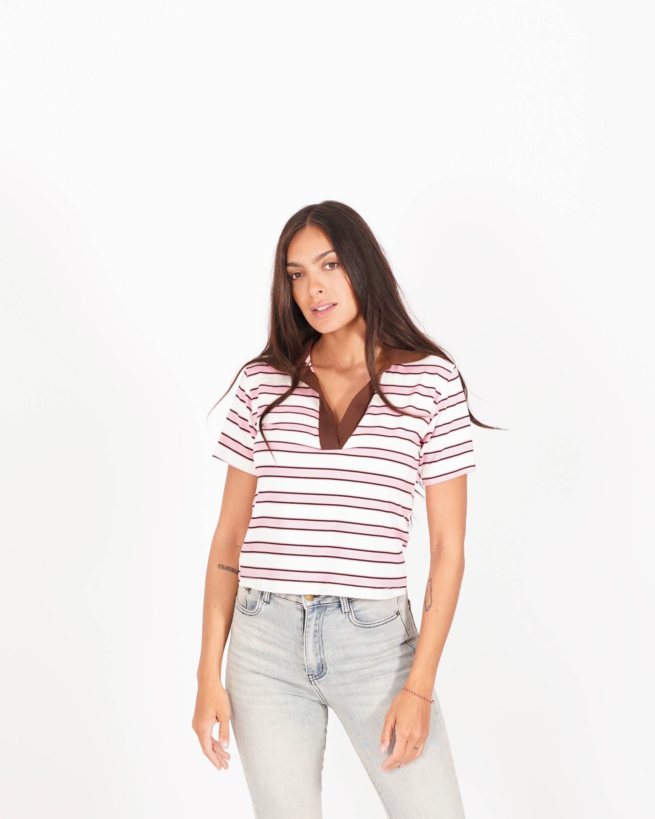 Polo rigata mezza manica slim fit con colletto in contrasto - Brunilde