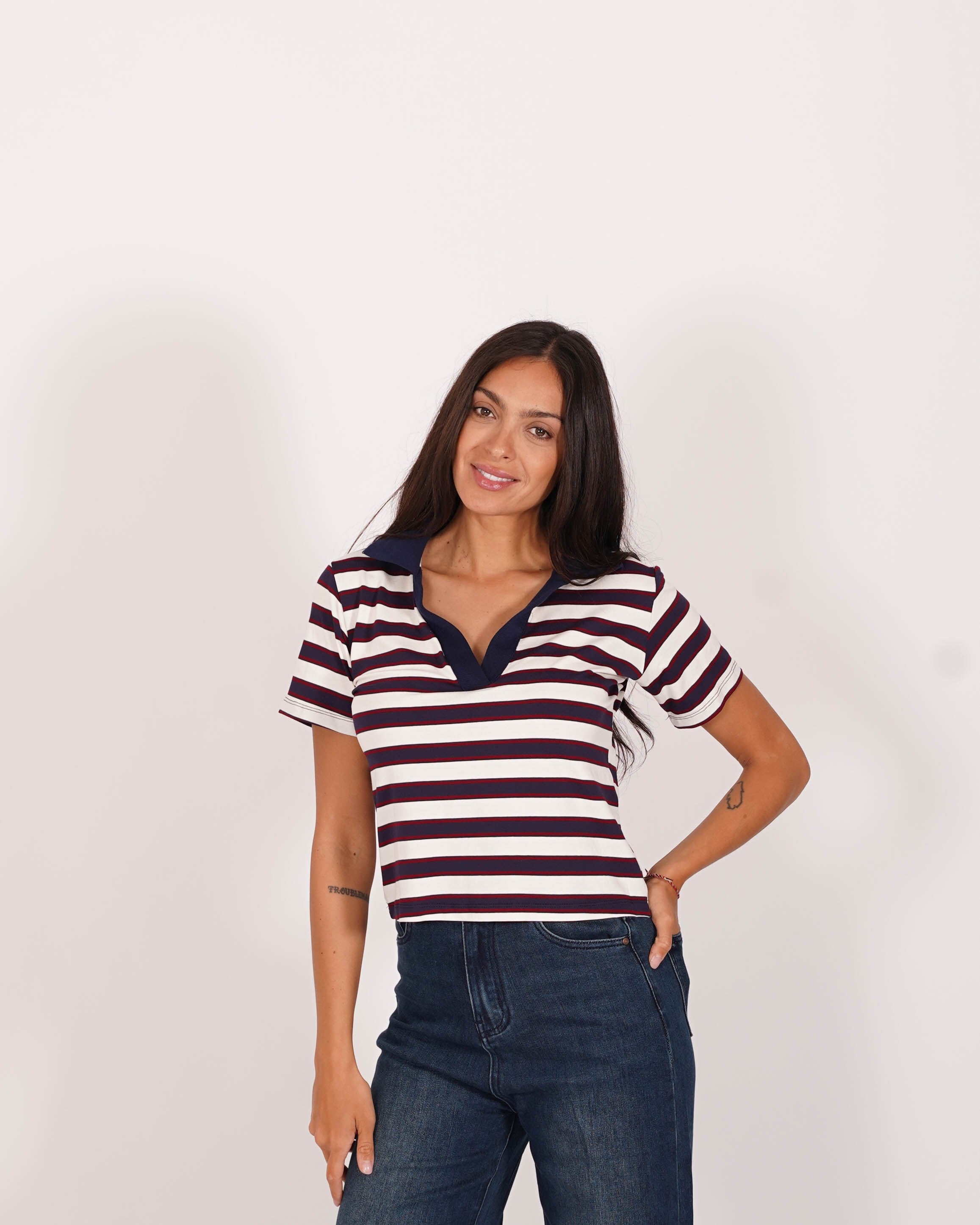 Polo rigata mezza manica slim fit con colletto in contrasto - Brunilde