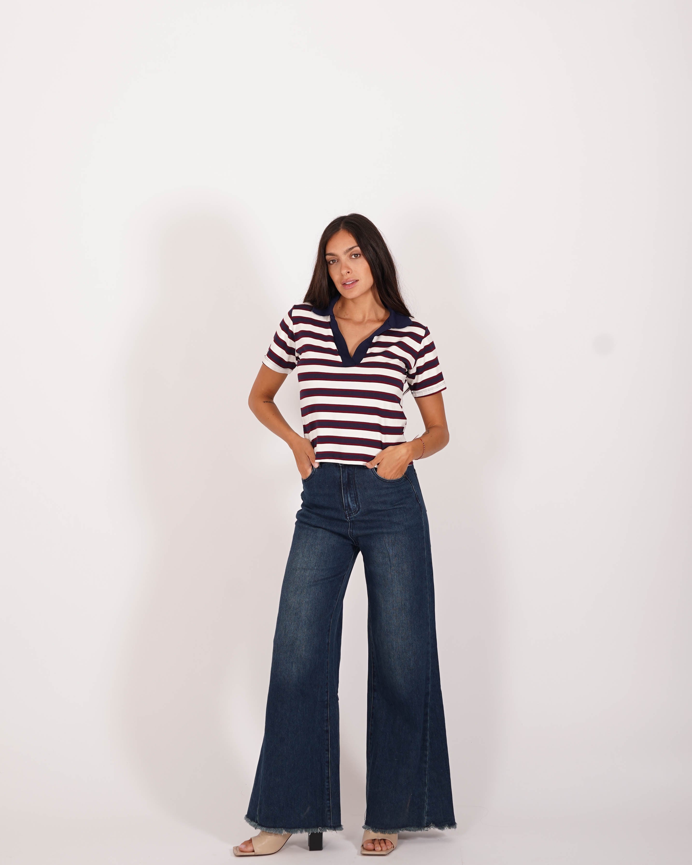 Polo rigata mezza manica slim fit con colletto in contrasto - Brunilde