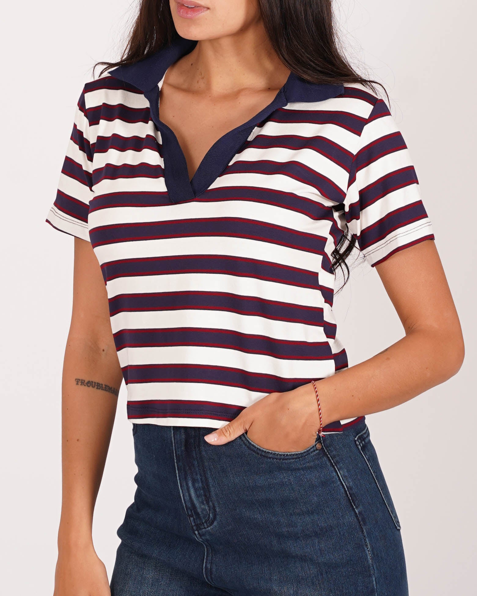 Polo rigata mezza manica slim fit con colletto in contrasto - Brunilde