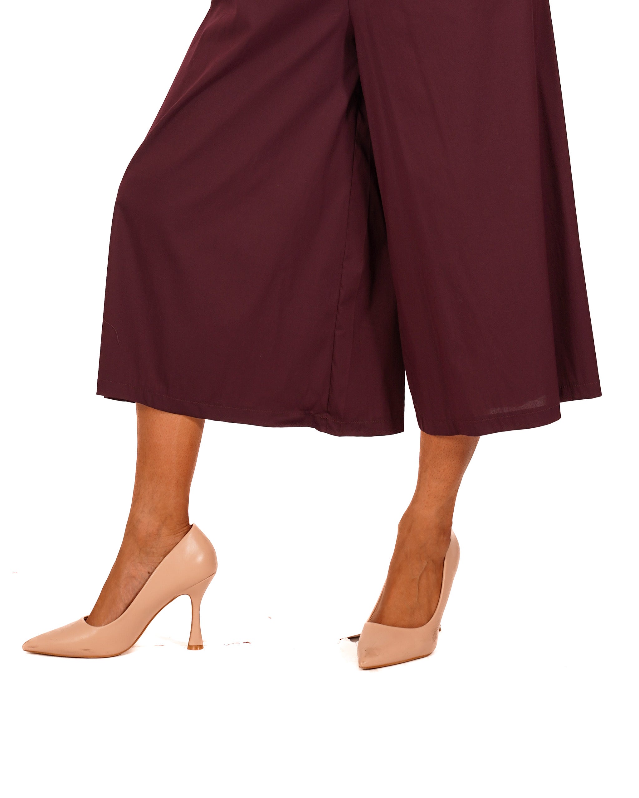 Pantaloni cropped in cotone con gamba larga - Prugna