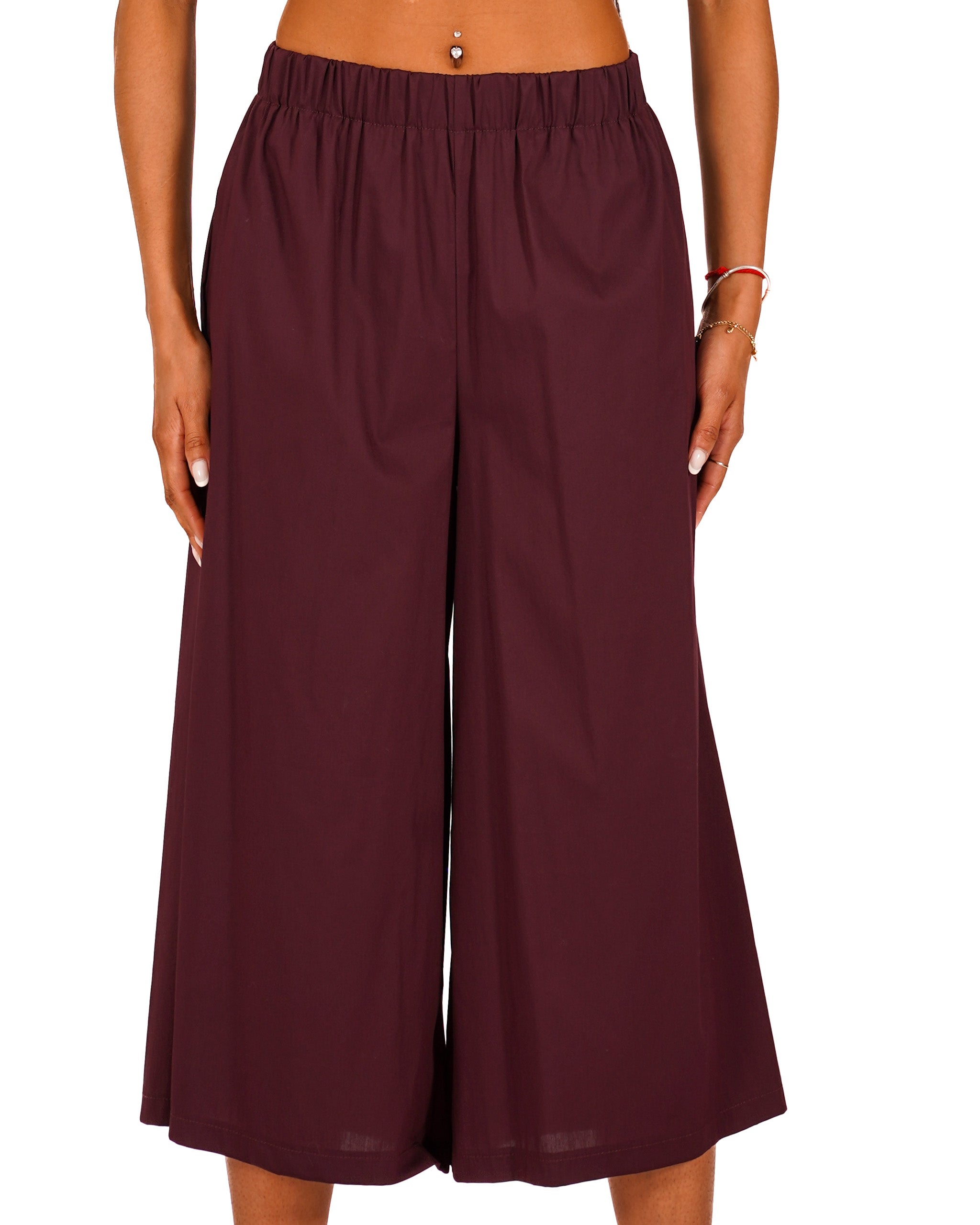 Pantaloni cropped in cotone con gamba larga - Prugna