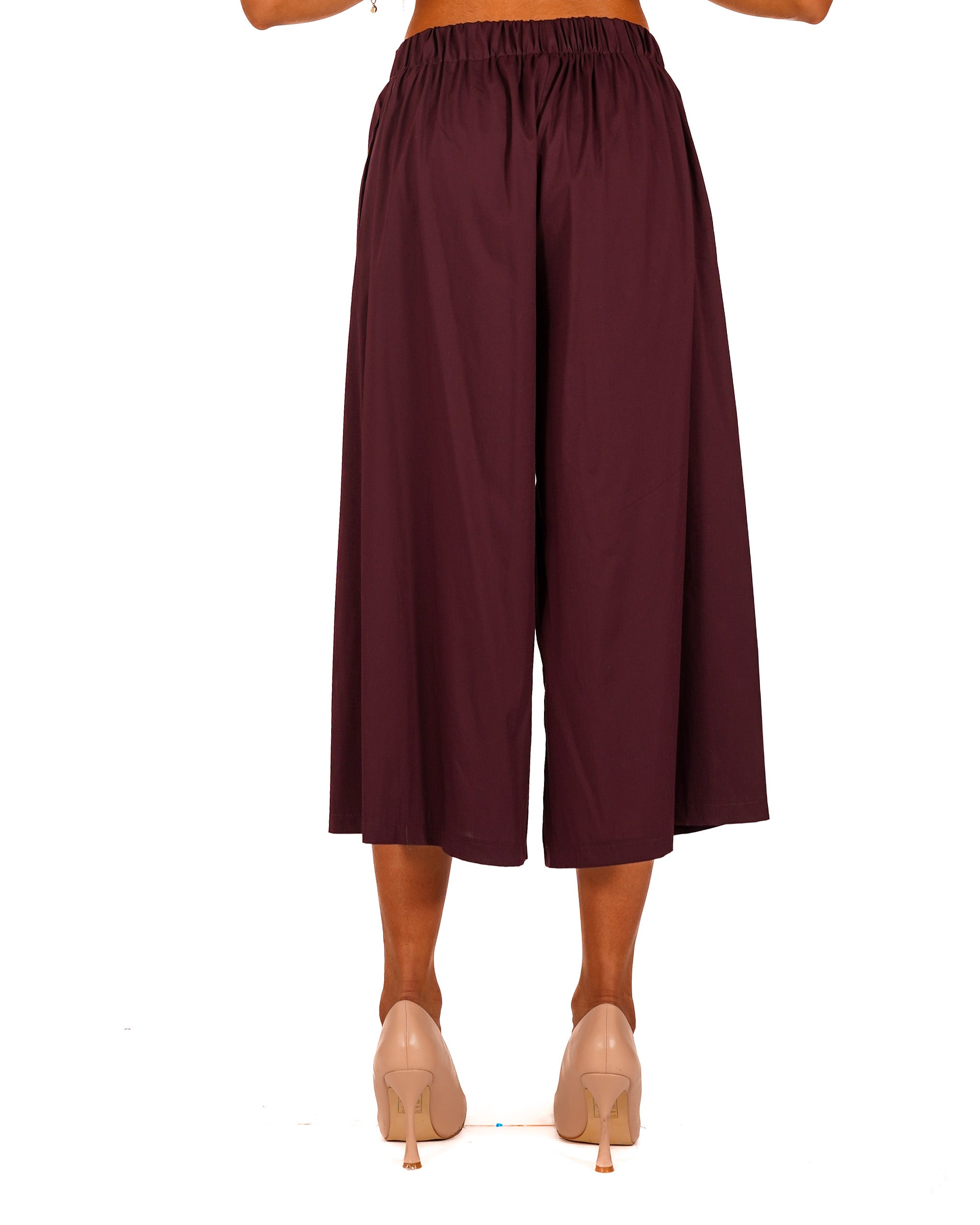 Pantaloni cropped in cotone con gamba larga - Prugna
