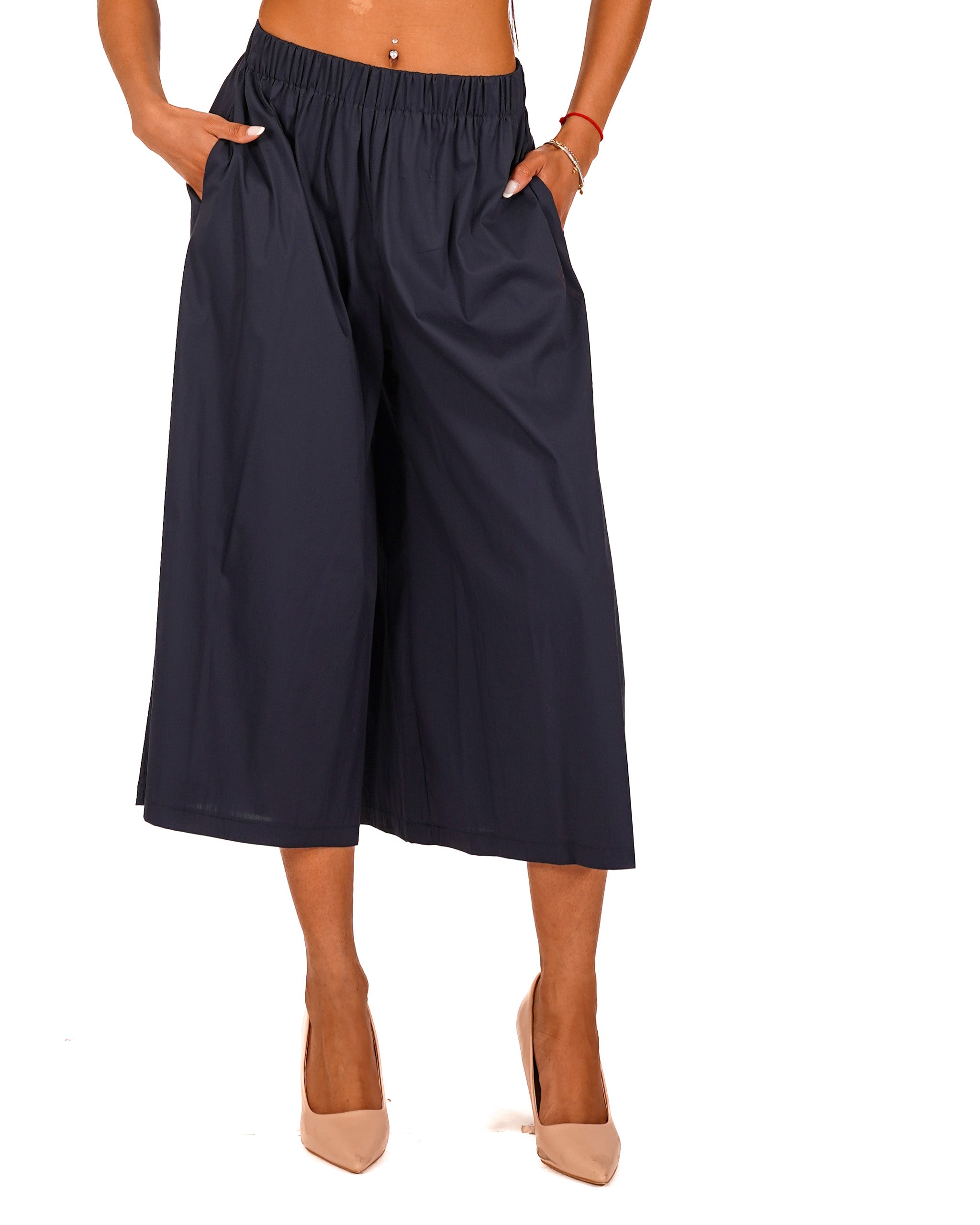Pantaloni cropped in cotone con gamba larga - Prugna