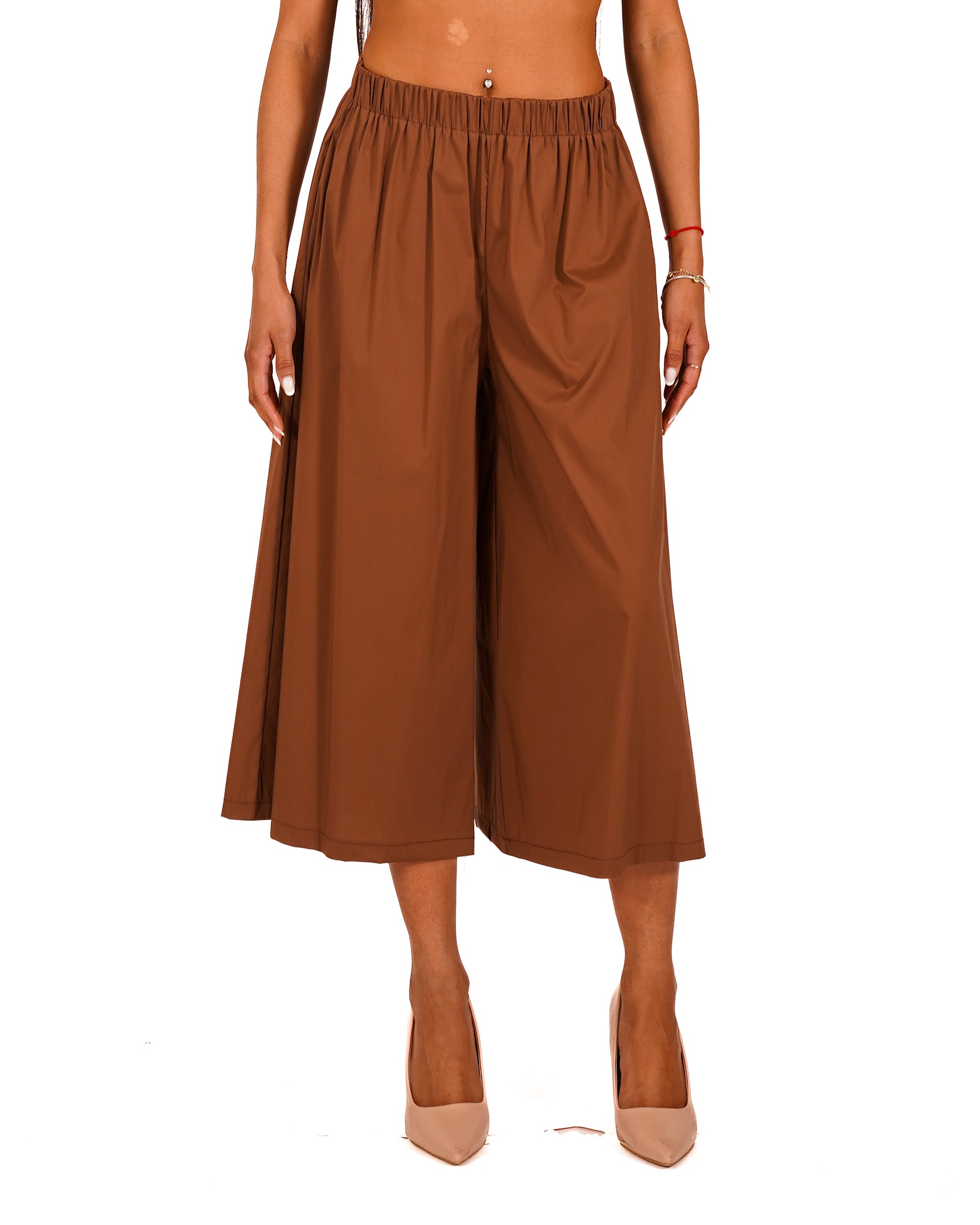 Pantaloni cropped in cotone con gamba larga - Prugna