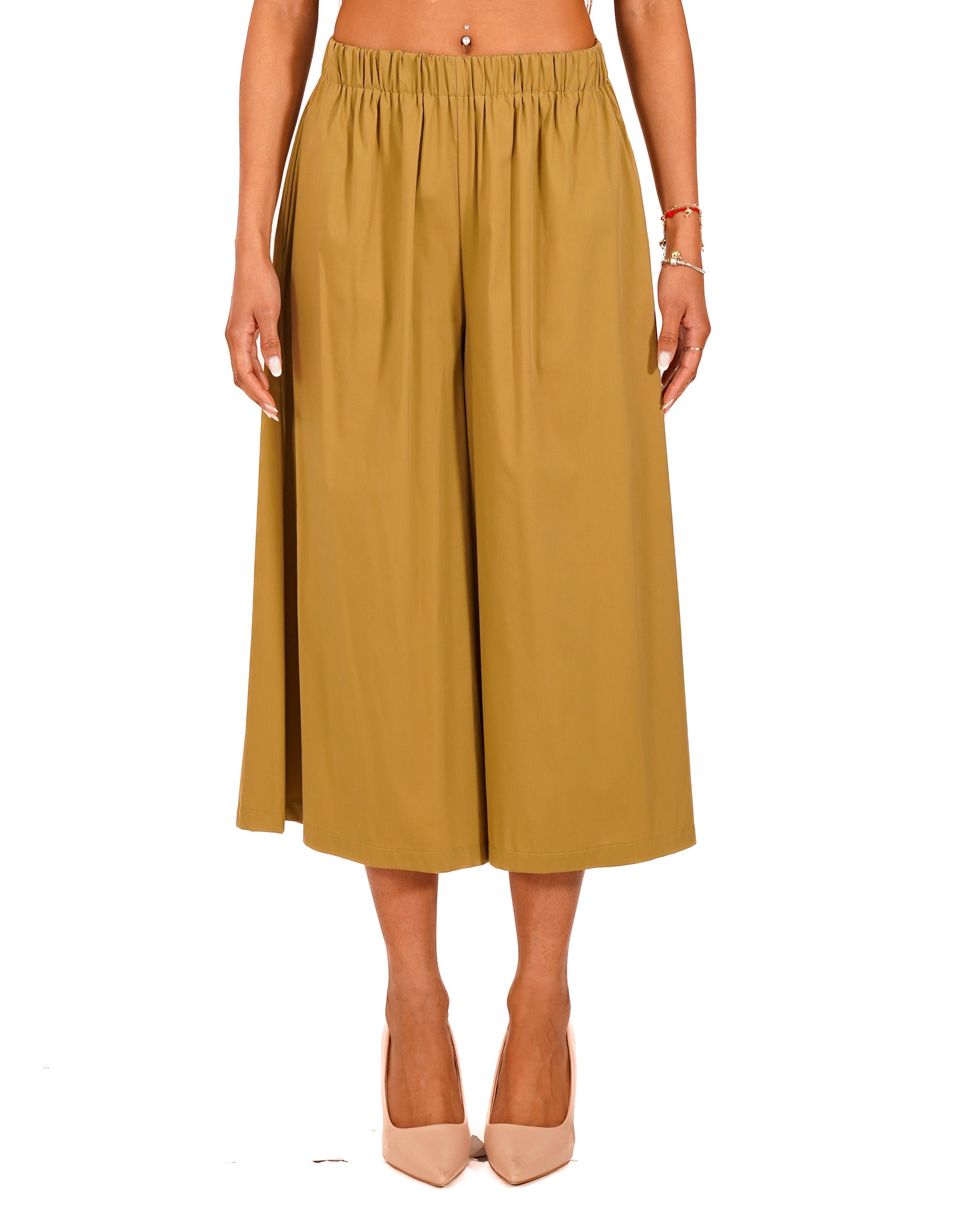 Pantaloni cropped in cotone con gamba larga - Prugna