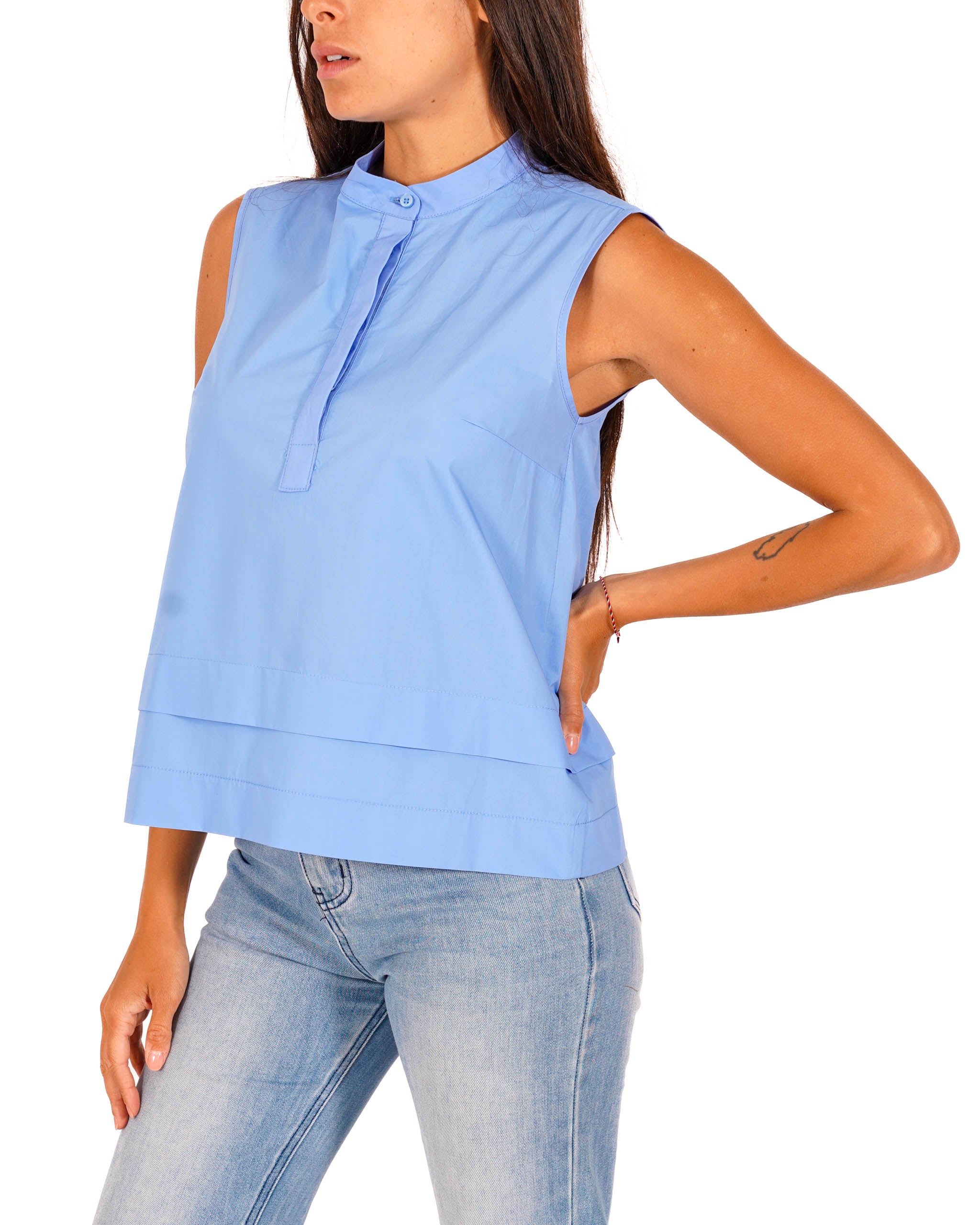 Blusa smanicata in cotone con colletto alla coreana - Sibilla
