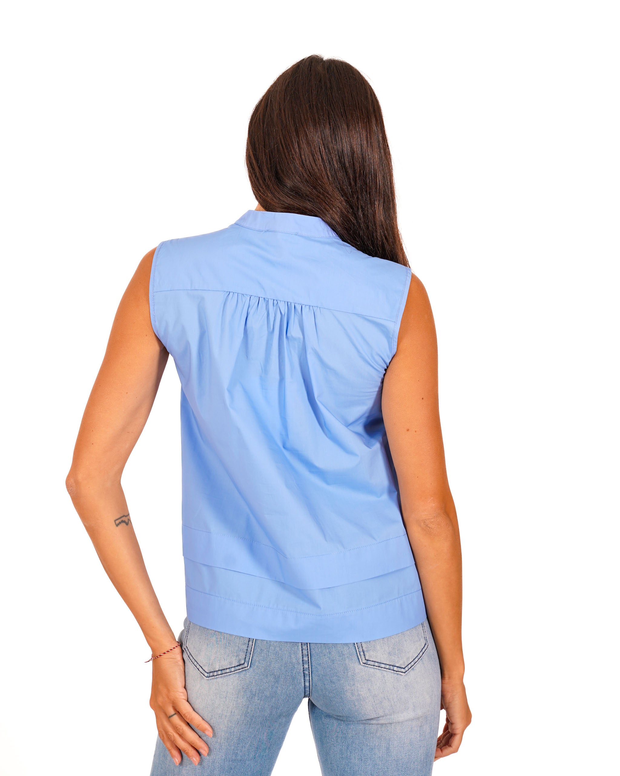 Blusa smanicata in cotone con colletto alla coreana - Sibilla