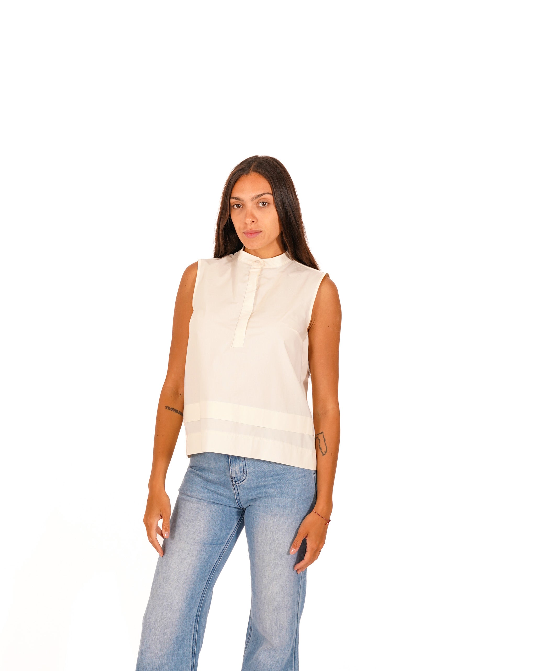 Blusa smanicata in cotone con colletto alla coreana - Sibilla