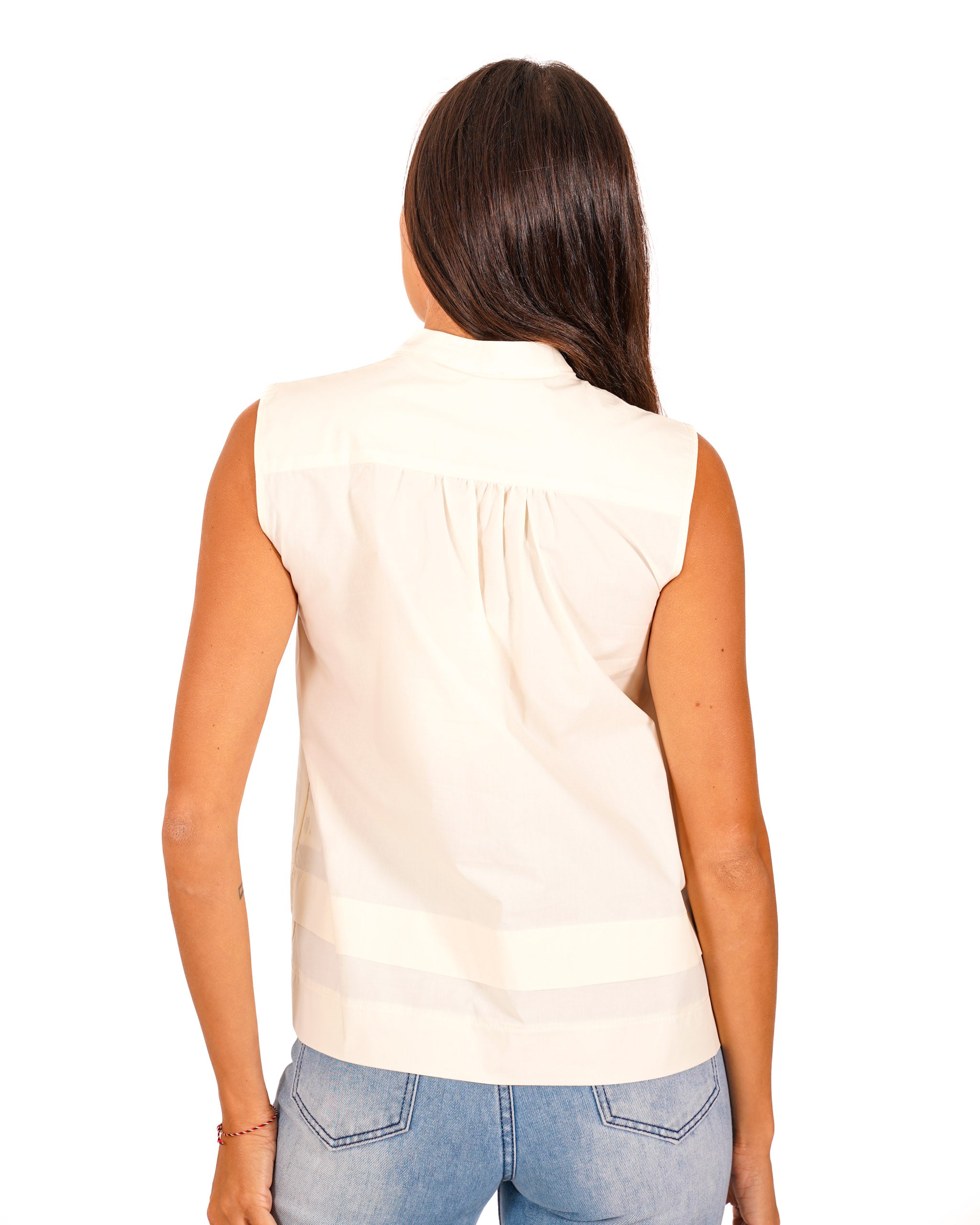 Blusa smanicata in cotone con colletto alla coreana - Sibilla