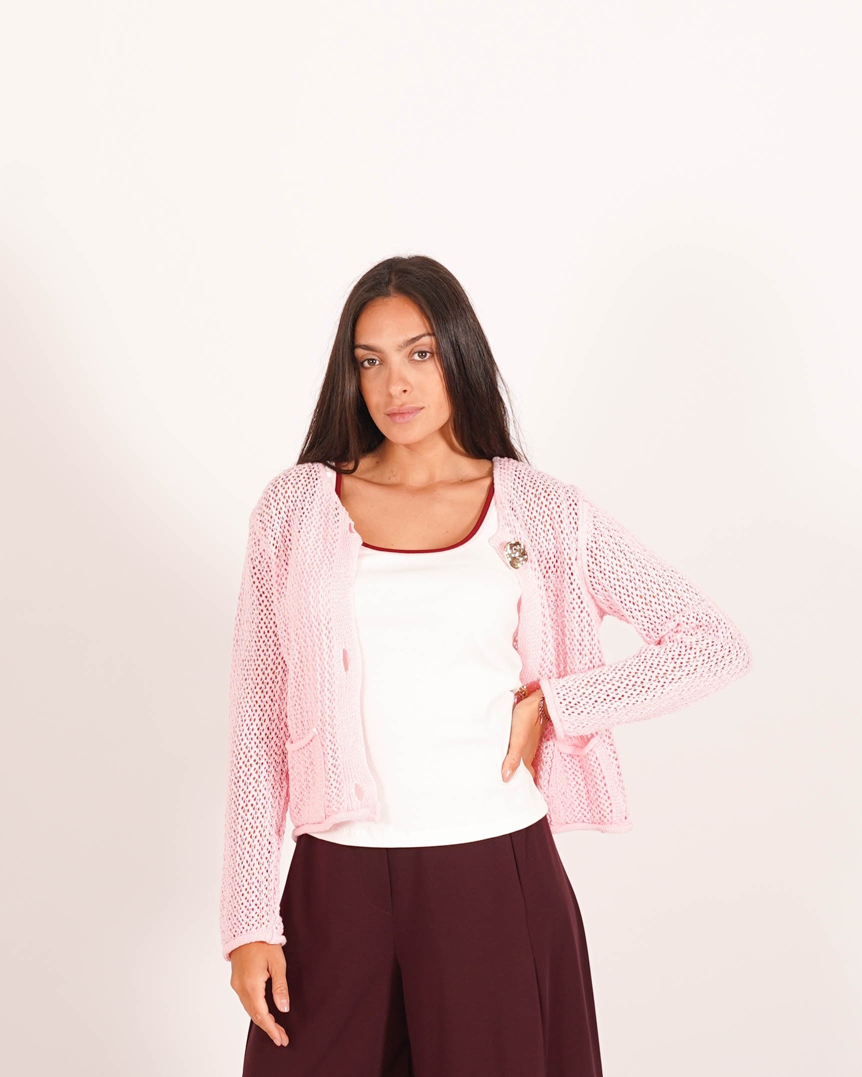 Cardigan in filo di cotone con bottoni oro e tasche frontali - Canarino