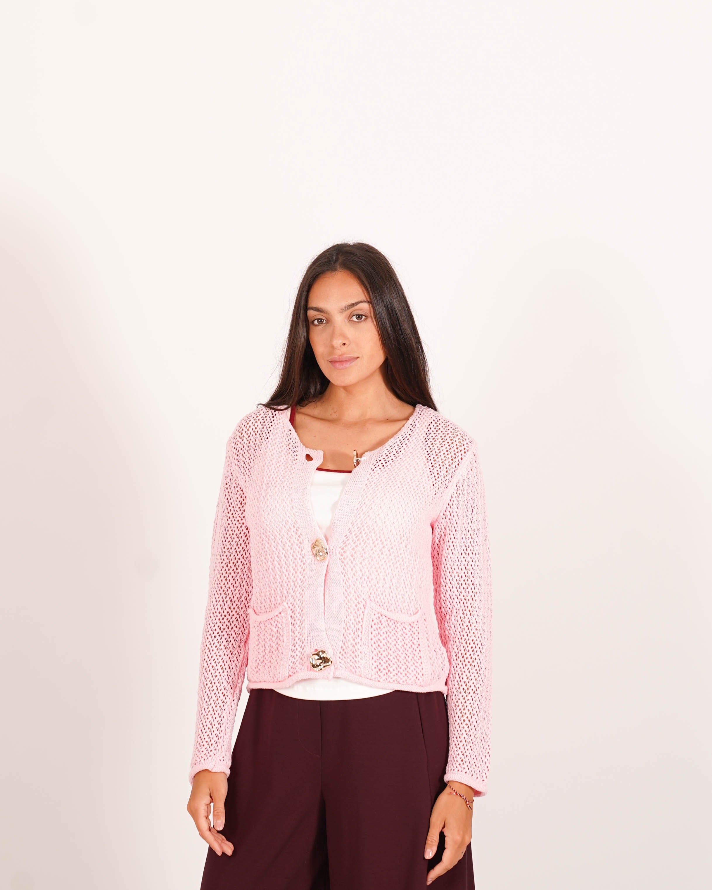 Cardigan in filo di cotone con bottoni oro e tasche frontali - Canarino