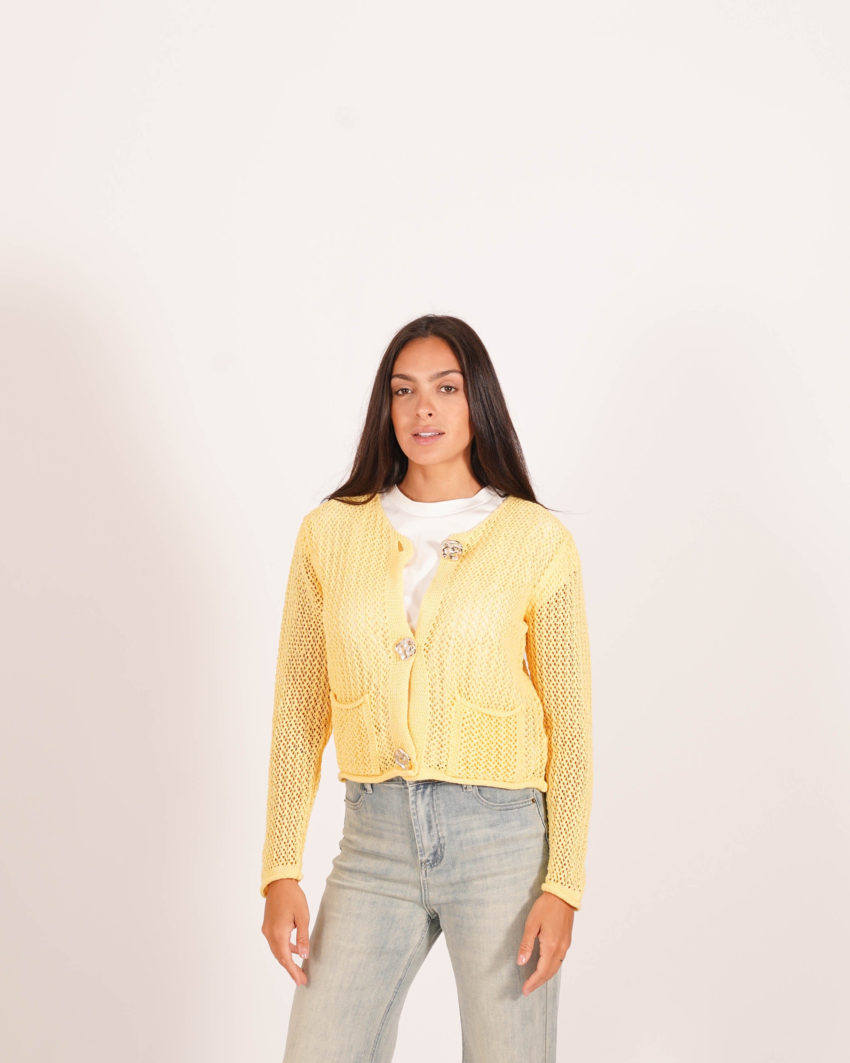Cardigan in filo di cotone con bottoni oro e tasche frontali - Canarino