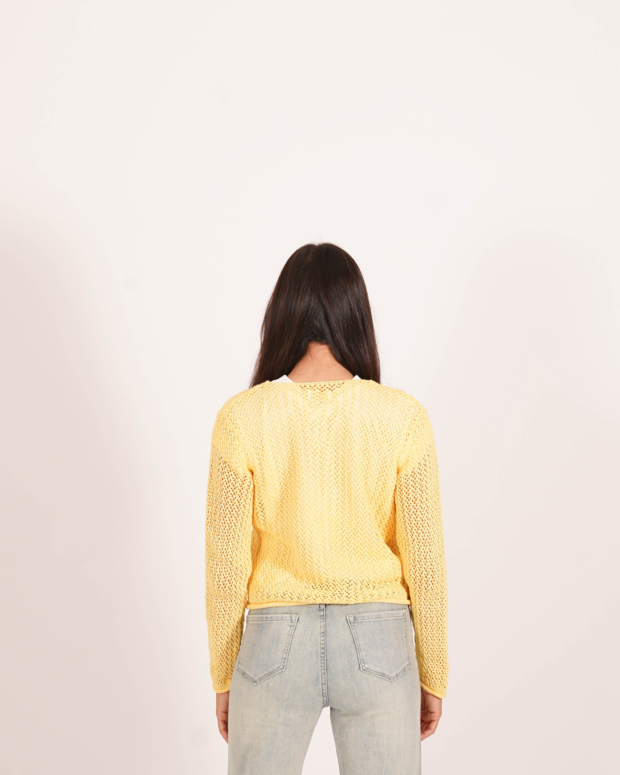 Cardigan in filo di cotone con bottoni oro e tasche frontali - Canarino