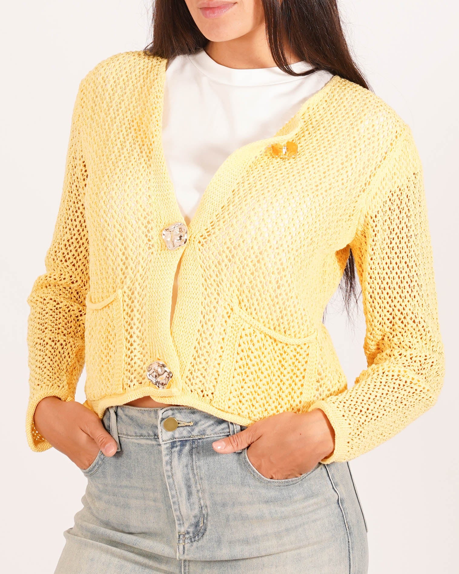 Cardigan in filo di cotone con bottoni oro e tasche frontali - Canarino