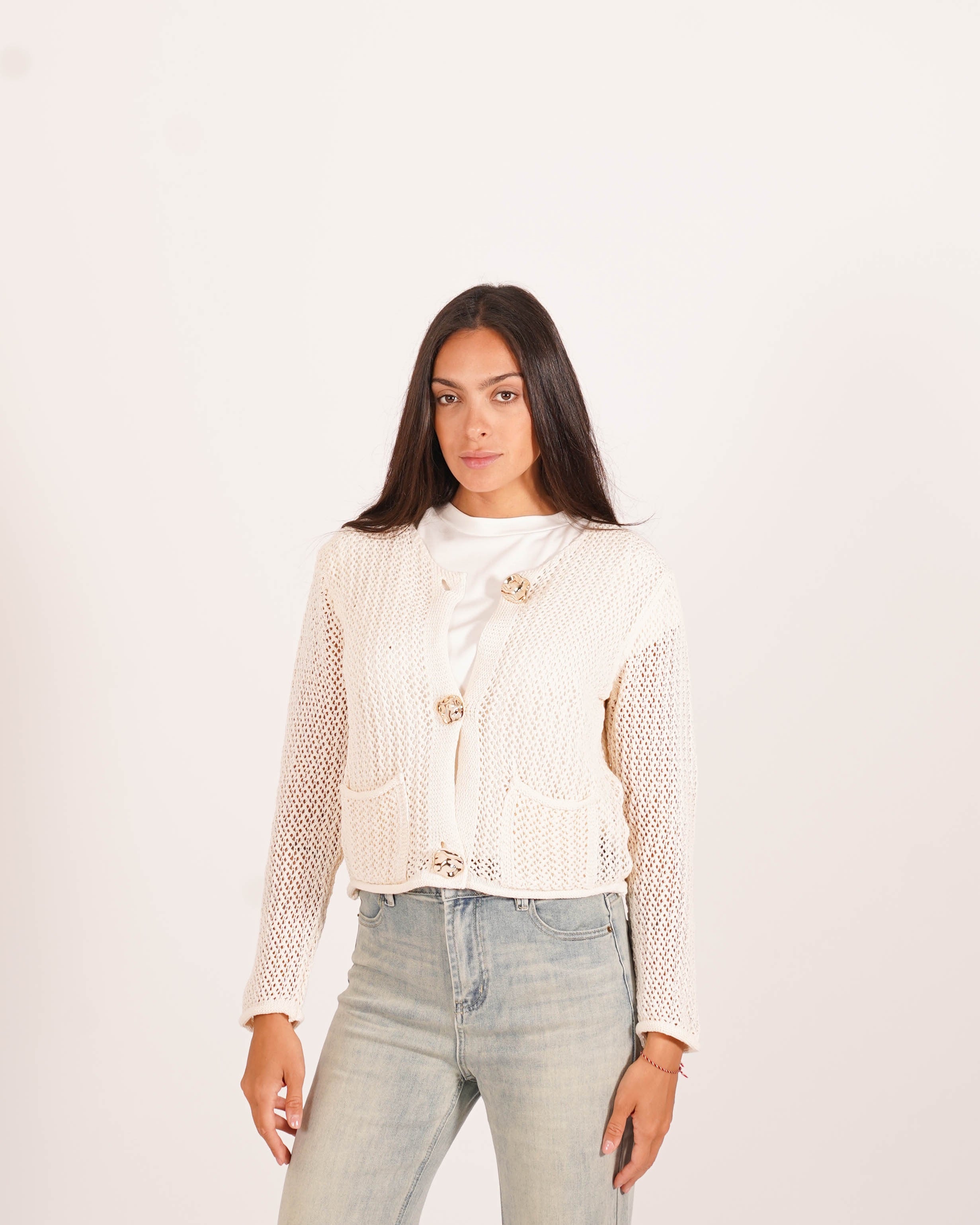 Cardigan in filo di cotone con bottoni oro e tasche frontali - Canarino