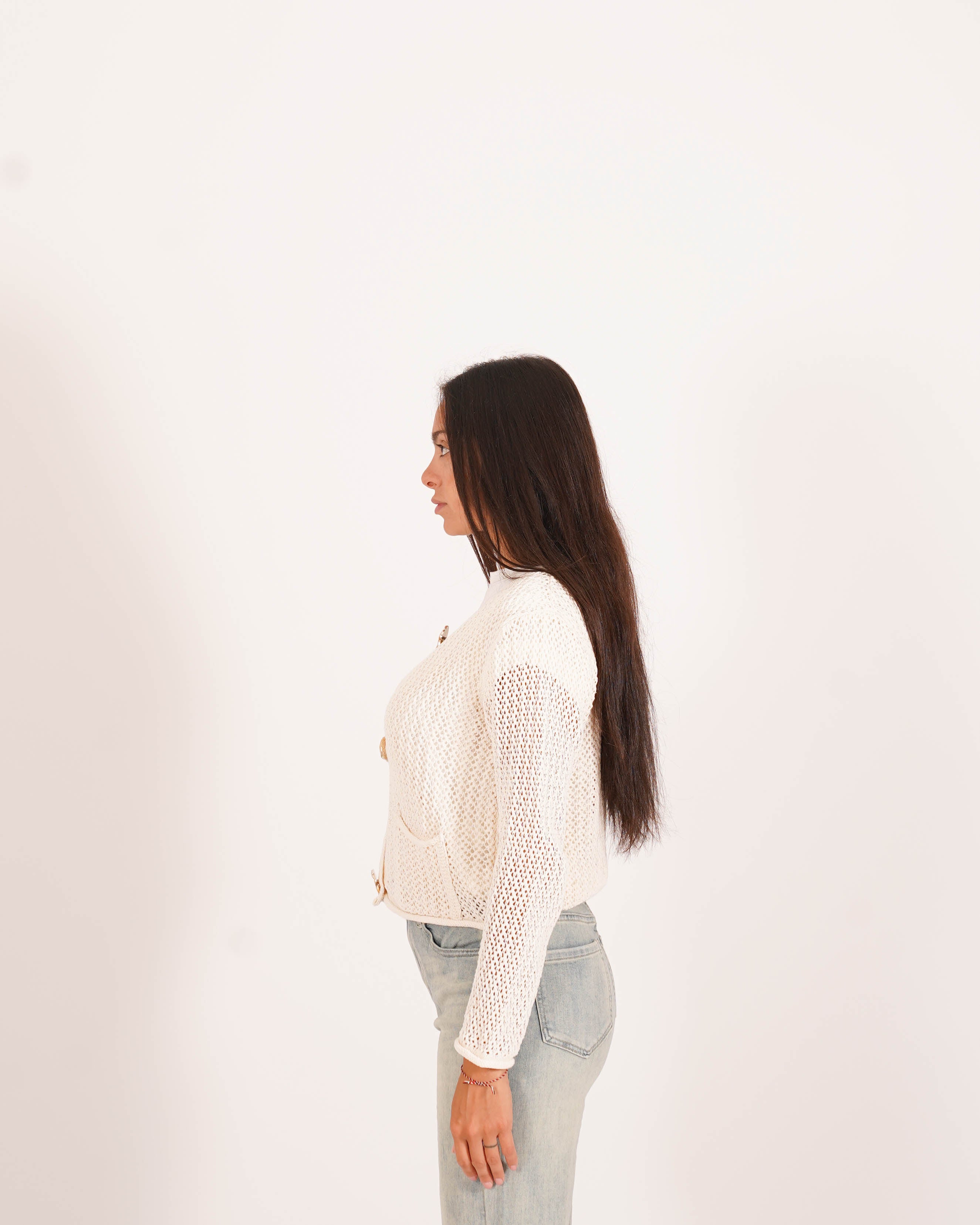 Cardigan in filo di cotone con bottoni oro e tasche frontali - Canarino