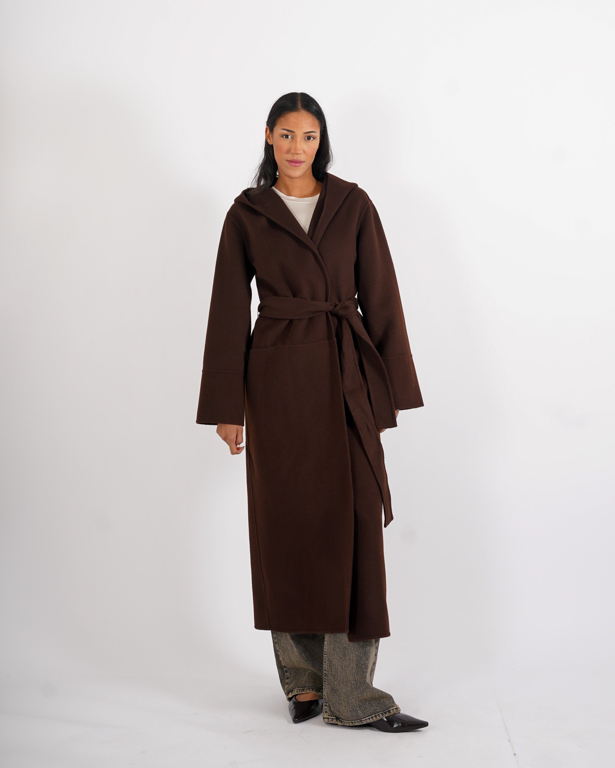 Cappotto lungo con cappuccio e cintura removibile in tessuto double di lana - Bertolucci