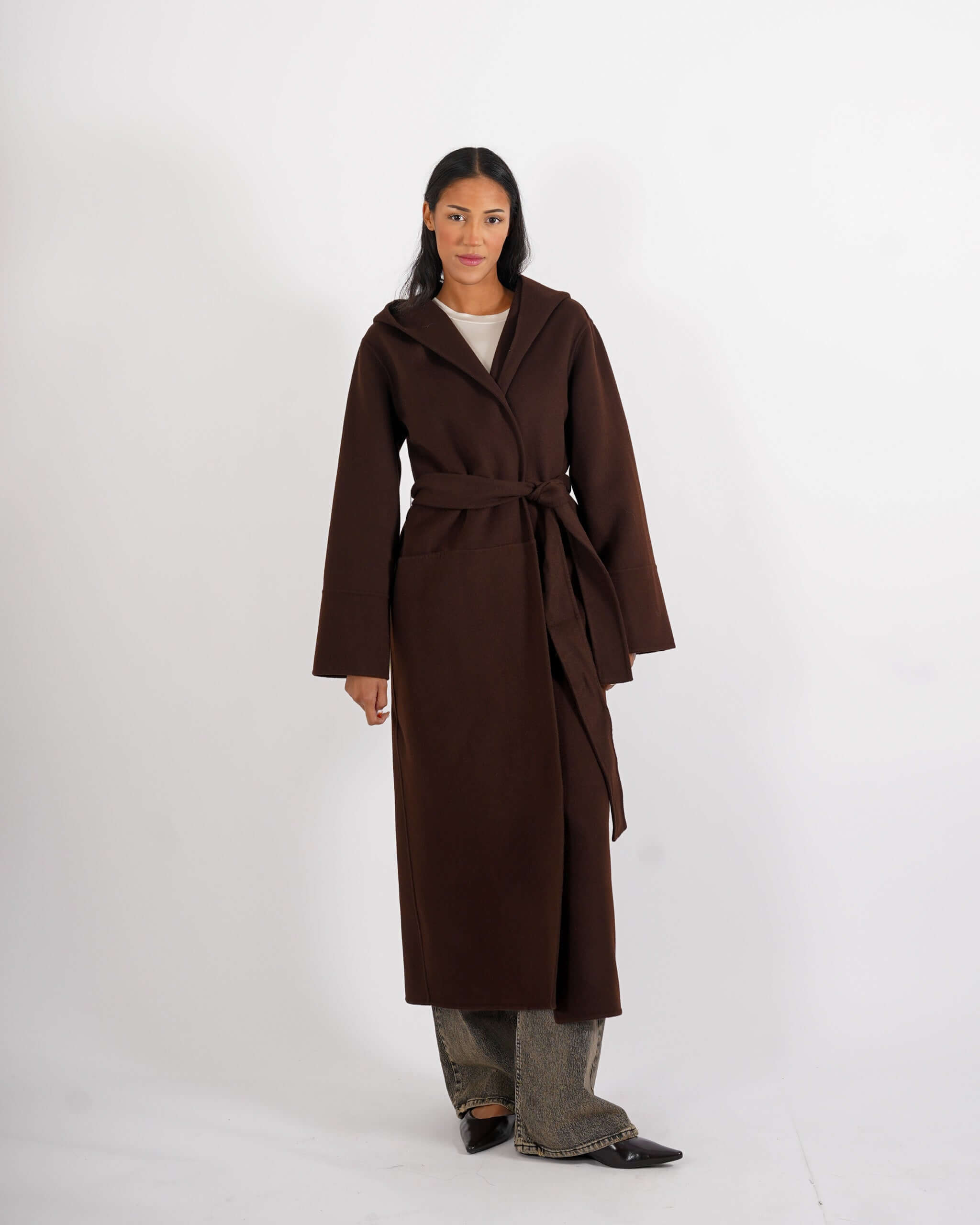 Cappotto lungo con cappuccio e cintura removibile in tessuto double di lana - Bertolucci - Hope Fashion
