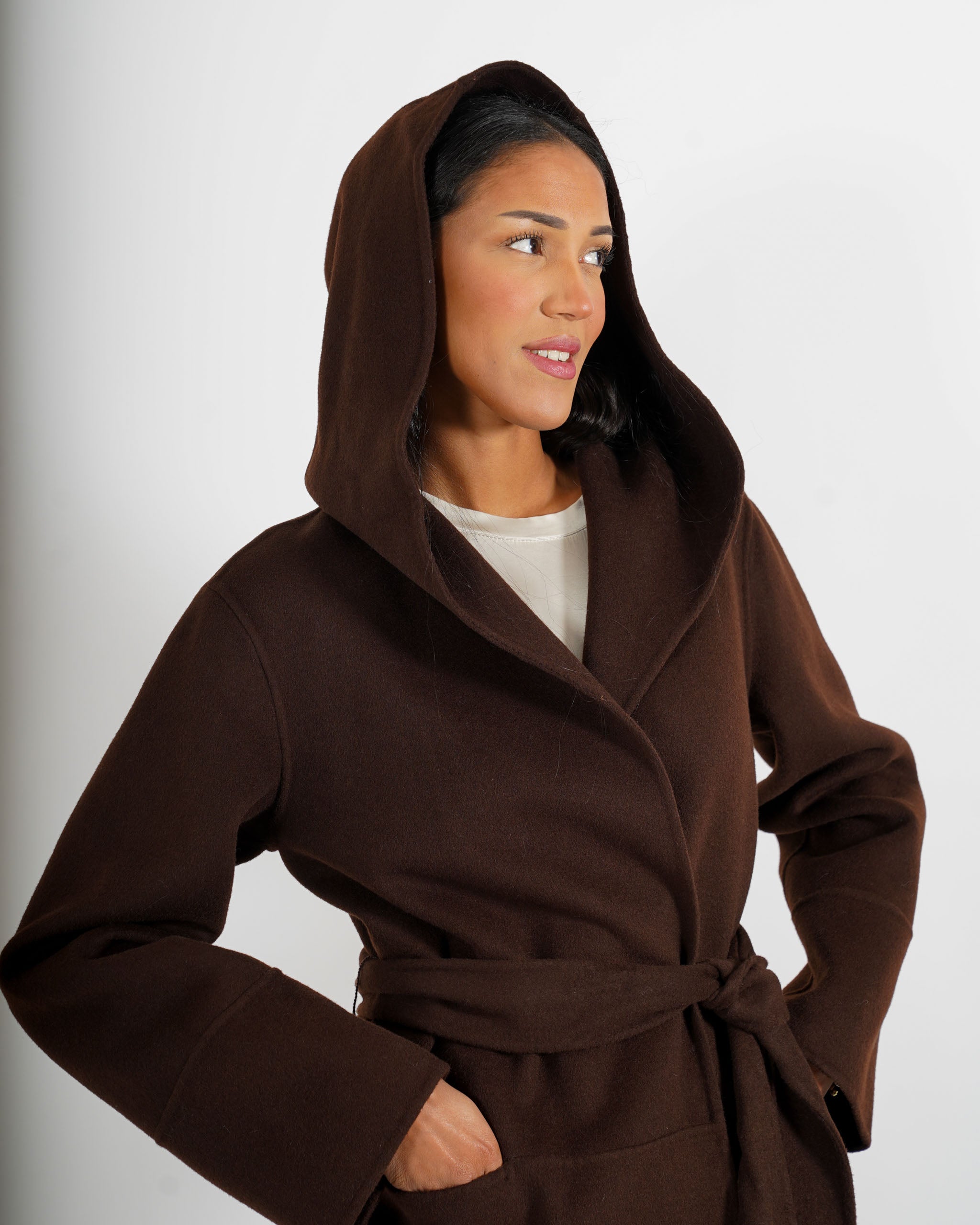 Cappotto lungo con cappuccio e cintura removibile in tessuto double di lana - Bertolucci