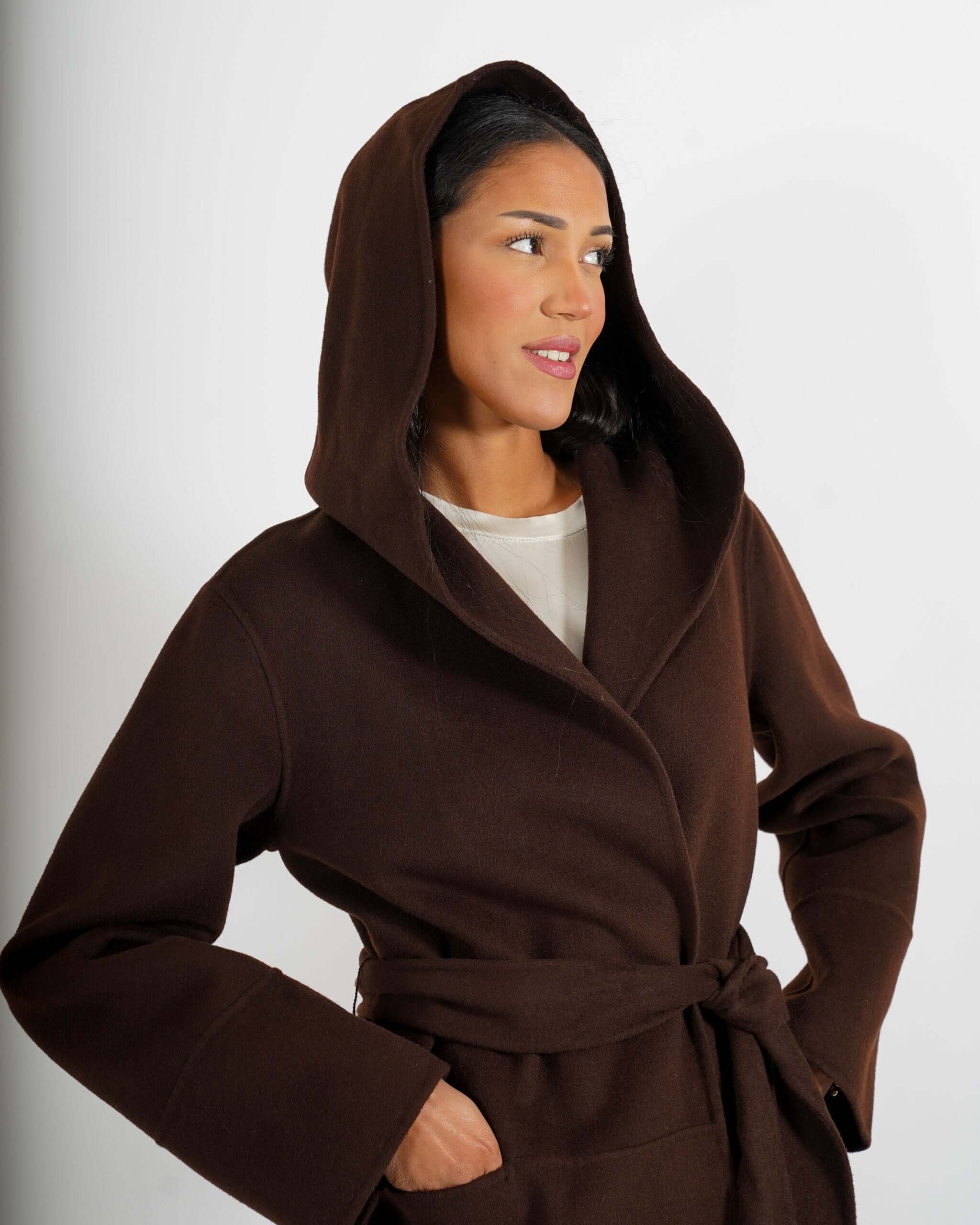 Cappotto lungo con cappuccio e cintura removibile in tessuto double di lana - Bertolucci - Hope Fashion