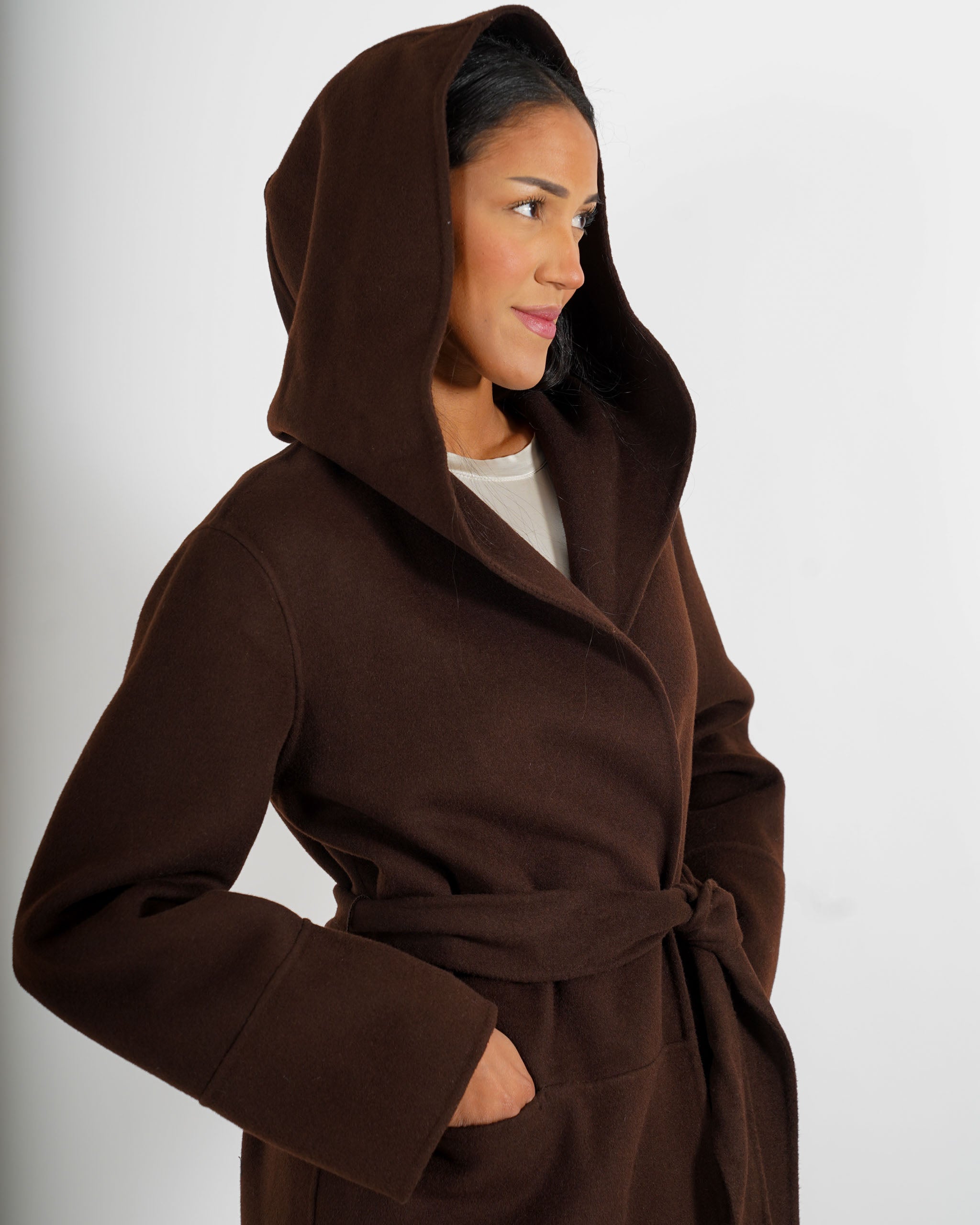 Cappotto lungo con cappuccio e cintura removibile in tessuto double di lana - Bertolucci