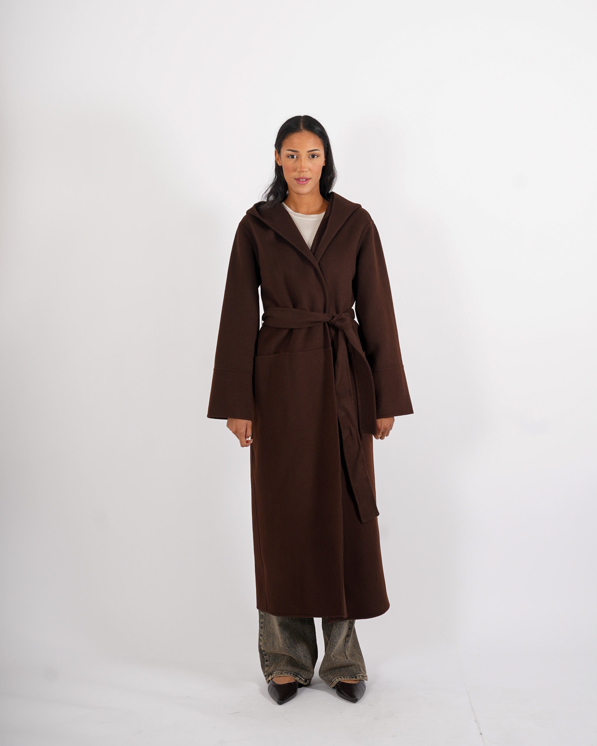 Cappotto lungo con cappuccio e cintura removibile in tessuto double di lana - Bertolucci