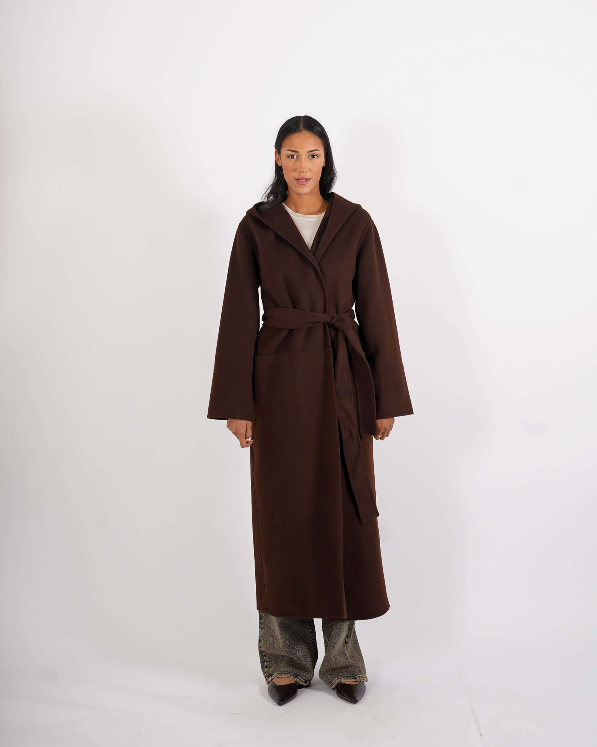 Cappotto lungo con cappuccio e cintura removibile in tessuto double di lana - Bertolucci - Hope Fashion