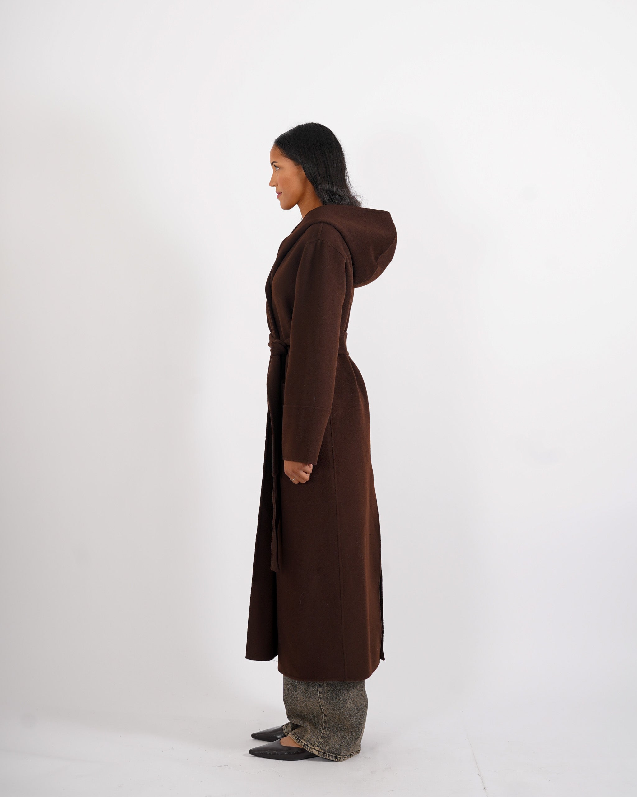 Cappotto lungo con cappuccio e cintura removibile in tessuto double di lana - Bertolucci