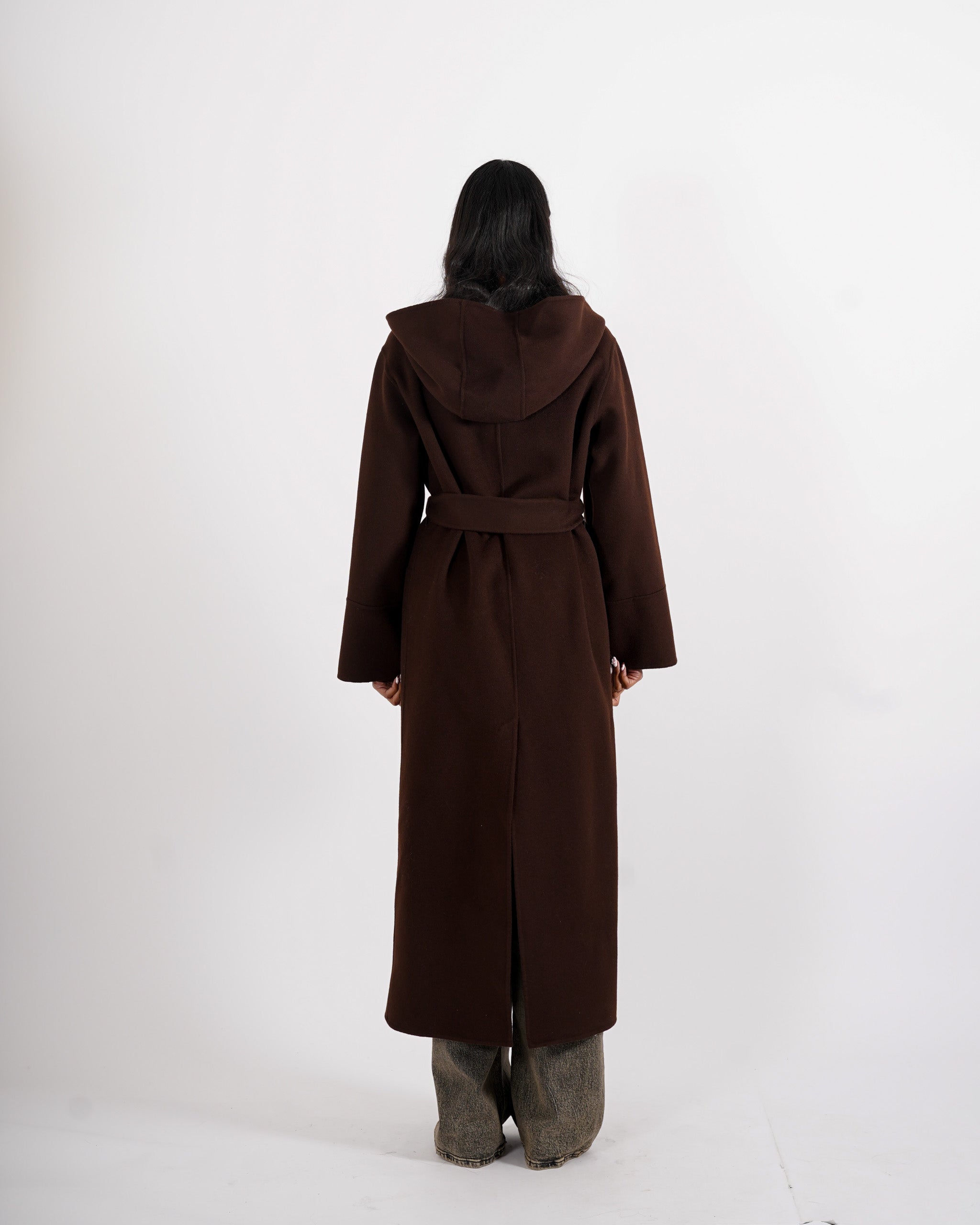 Cappotto lungo con cappuccio e cintura removibile in tessuto double di lana - Bertolucci