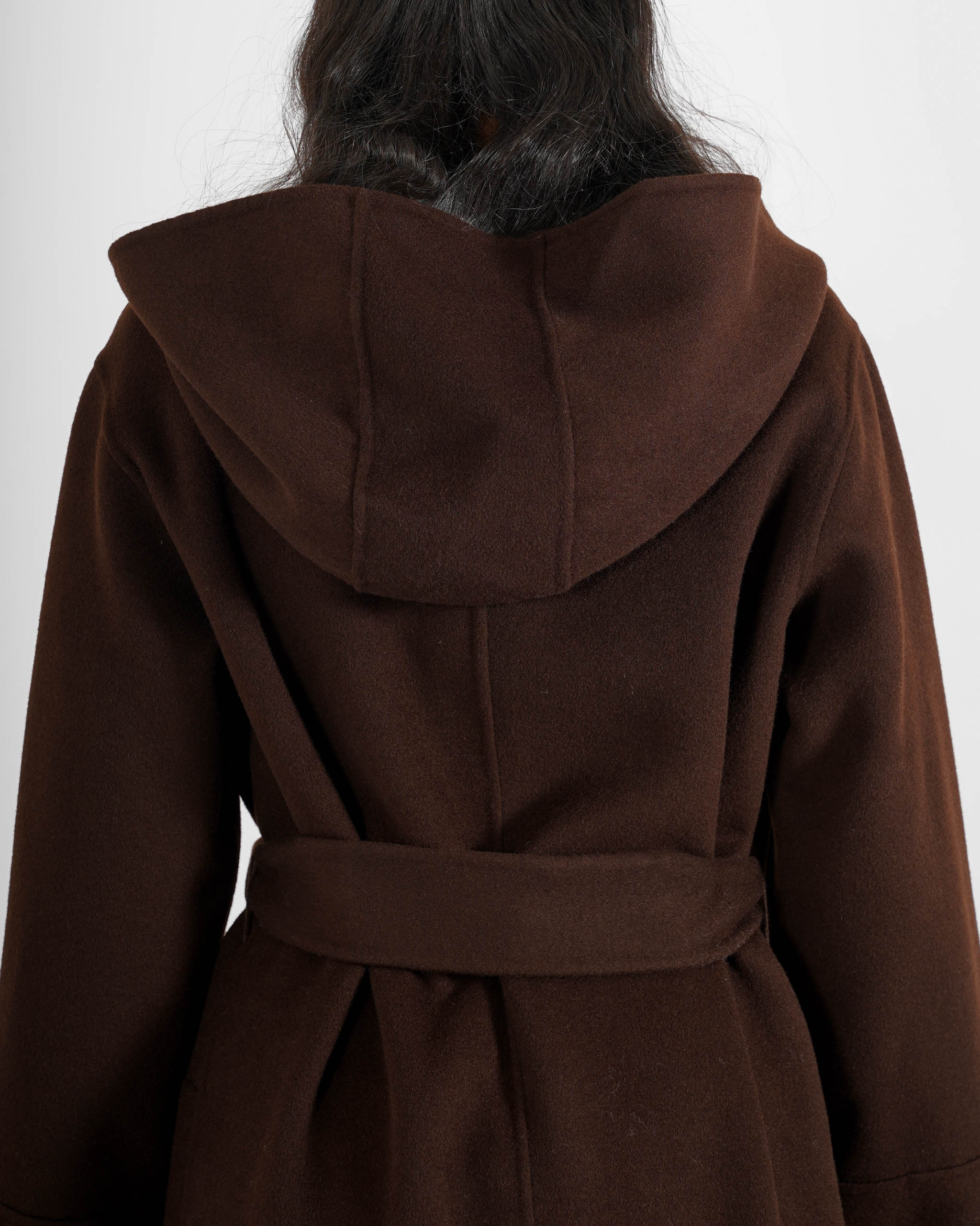 Cappotto lungo con cappuccio e cintura removibile in tessuto double di lana - Bertolucci