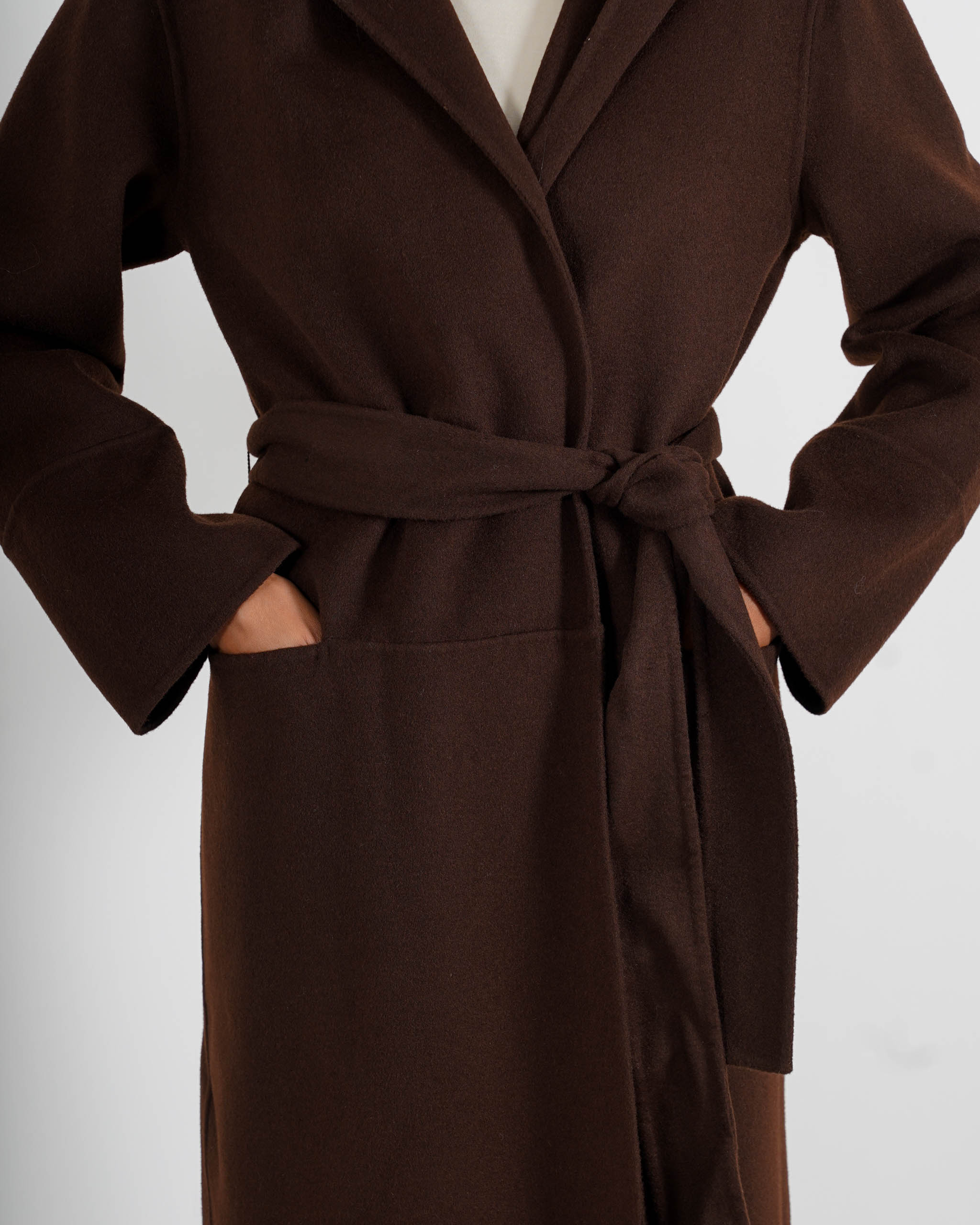 Cappotto lungo con cappuccio e cintura removibile in tessuto double di lana - Bertolucci