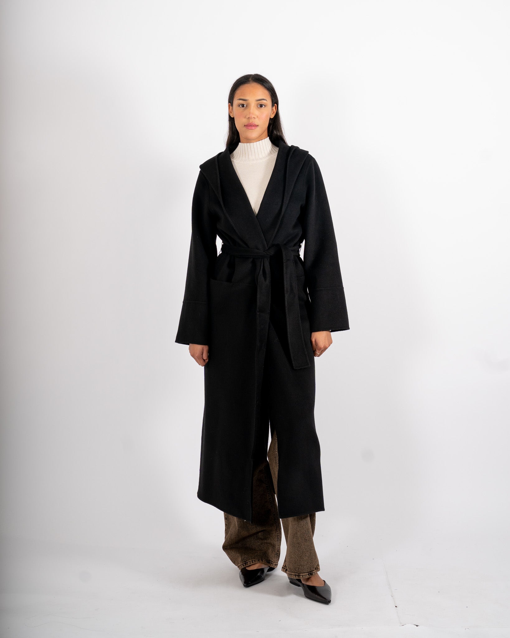 Cappotto lungo con cappuccio e cintura removibile in tessuto double di lana - Bertolucci