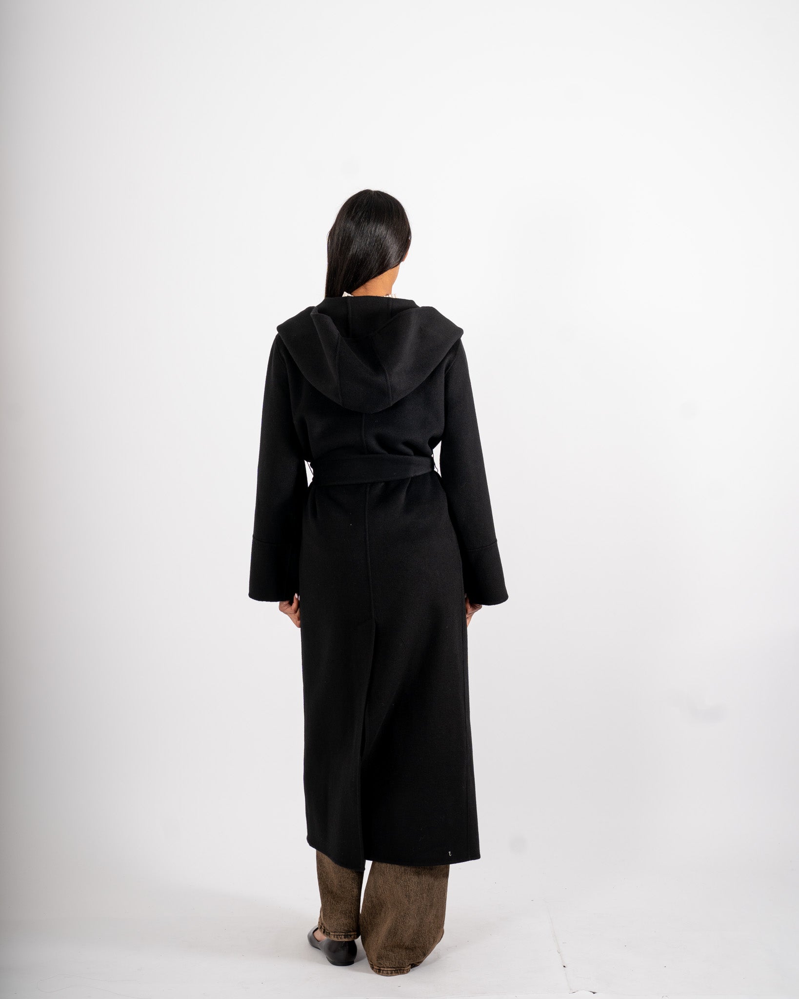 Cappotto lungo con cappuccio e cintura removibile in tessuto double di lana - Bertolucci