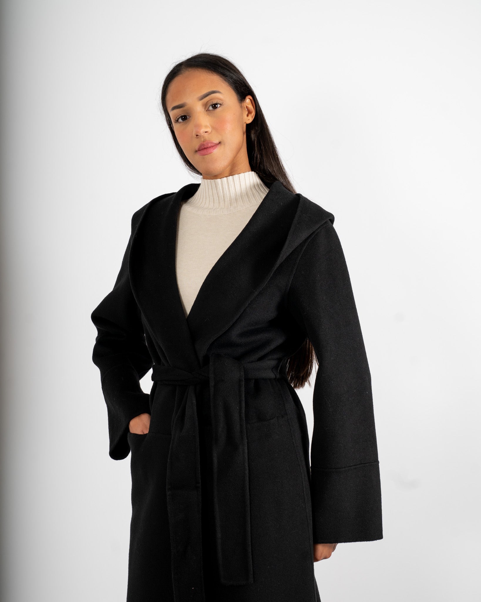 Cappotto lungo con cappuccio e cintura removibile in tessuto double di lana - Bertolucci