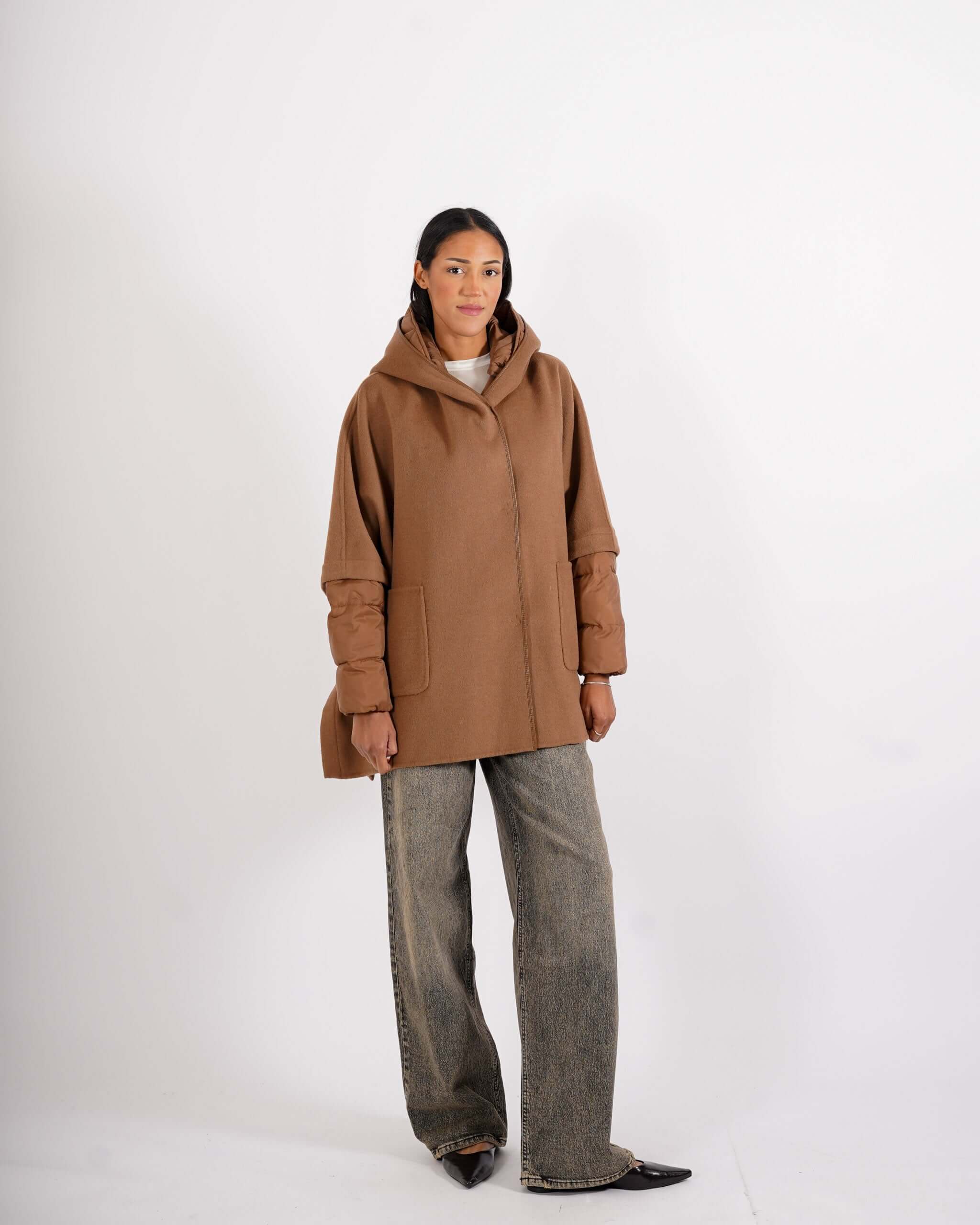 Cappa in mano lana con polsini e cappuccio in trapuntina removibile - Eufemia - Hope Fashion