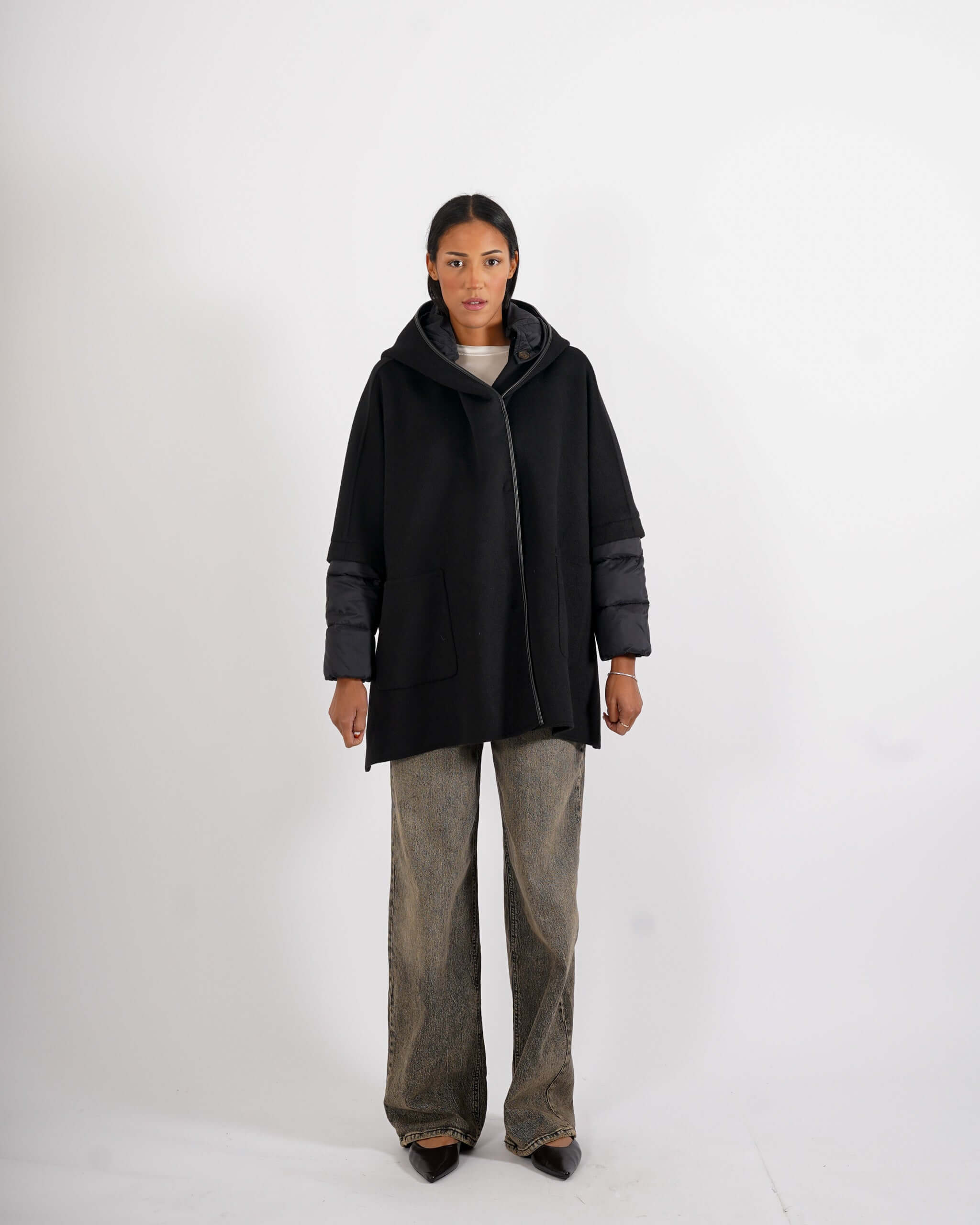 Cappa in mano lana con polsini e cappuccio in trapuntina removibile - Eufemia - Hope Fashion